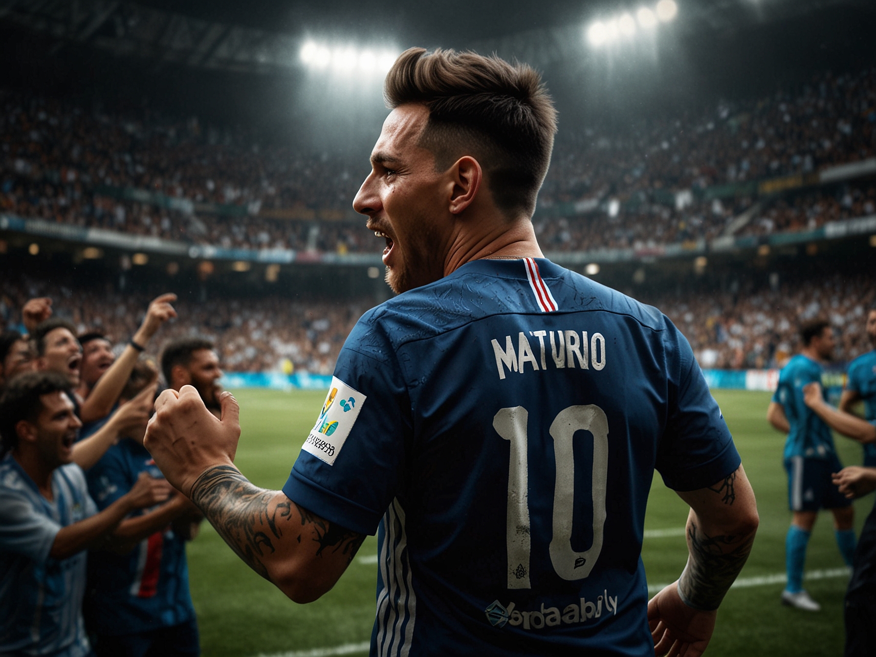 An electrifying moment captured at La Bombonera as Lautaro Martínez scores the winning goal, with Lionel Messi celebrating nearby amidst a backdrop of cheering fans.