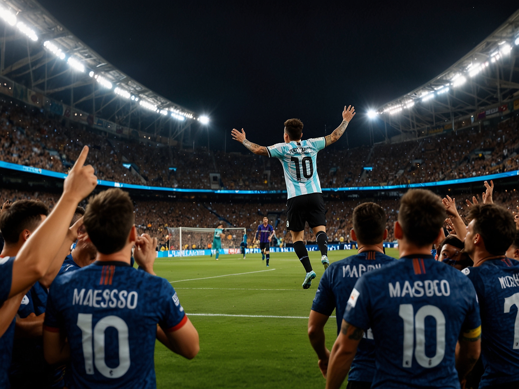 A close-up of Lionel Messi dribbling the ball, showcasing his skill as he evades defenders during the World Cup qualifier match against Peru.