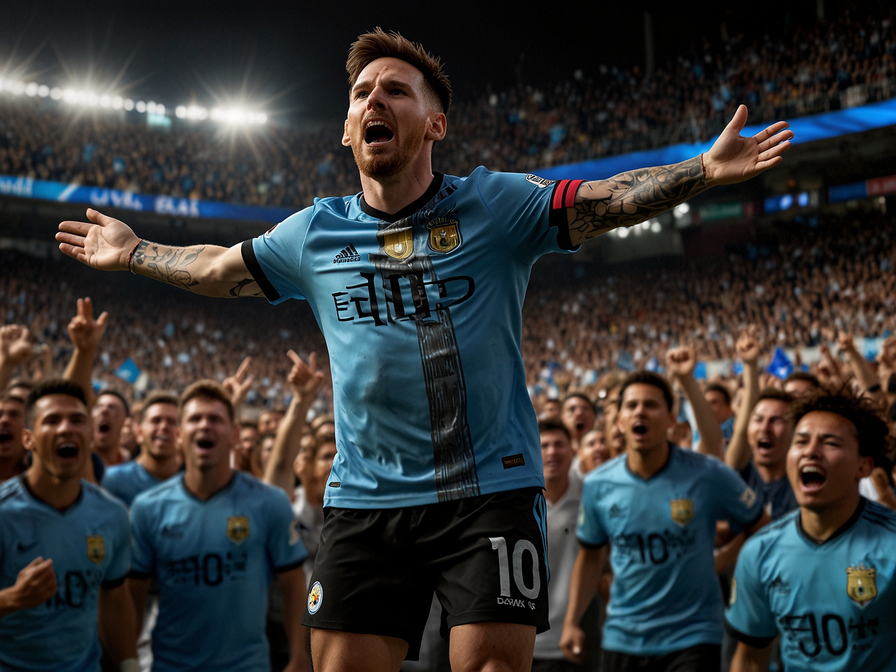 The tense atmosphere in the stands at La Bombonera, filled with passionate Argentina fans waving flags and holding banners, showcasing their support for the national team.