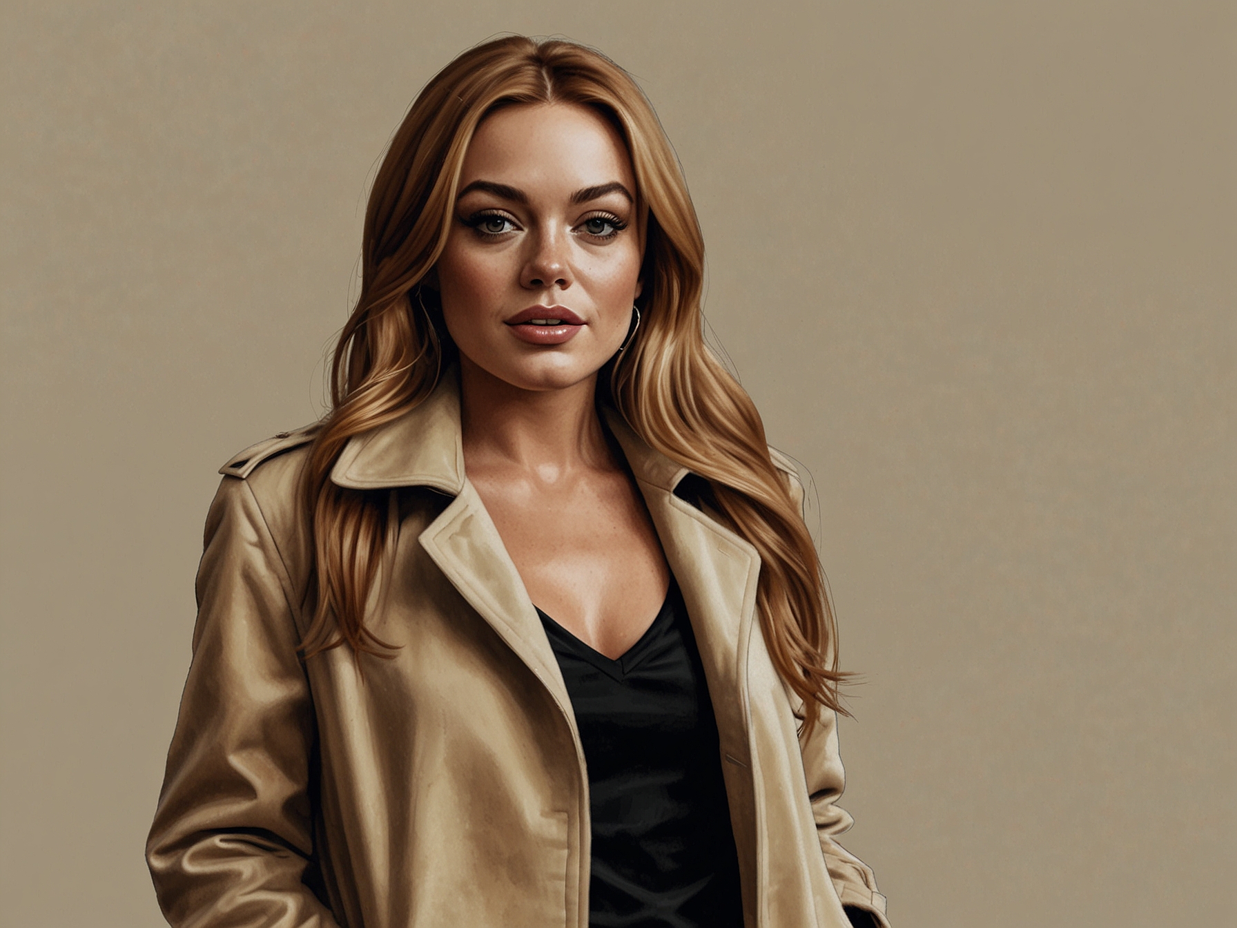 A radiant Lindsay Lohan poses in a stylish beige coat, exuding confidence and elegance, capturing her stunning transformation and new chapter in life.