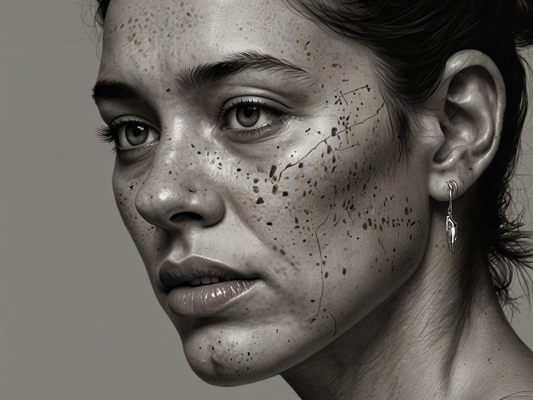 A close-up image of Letícia Santiago showing her swollen face with signs of a jaw fracture, conveying the seriousness of her health struggles and the impact of osteomielite.
