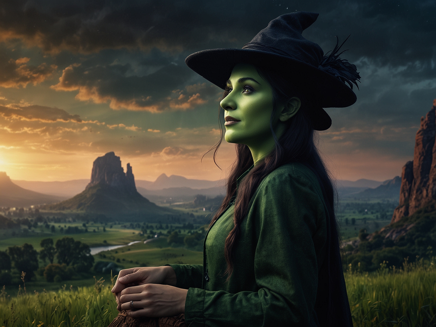 A vibrant scene depicting Elphaba singing while surrounded by magical landscapes, showcasing her emotional journey and determination.