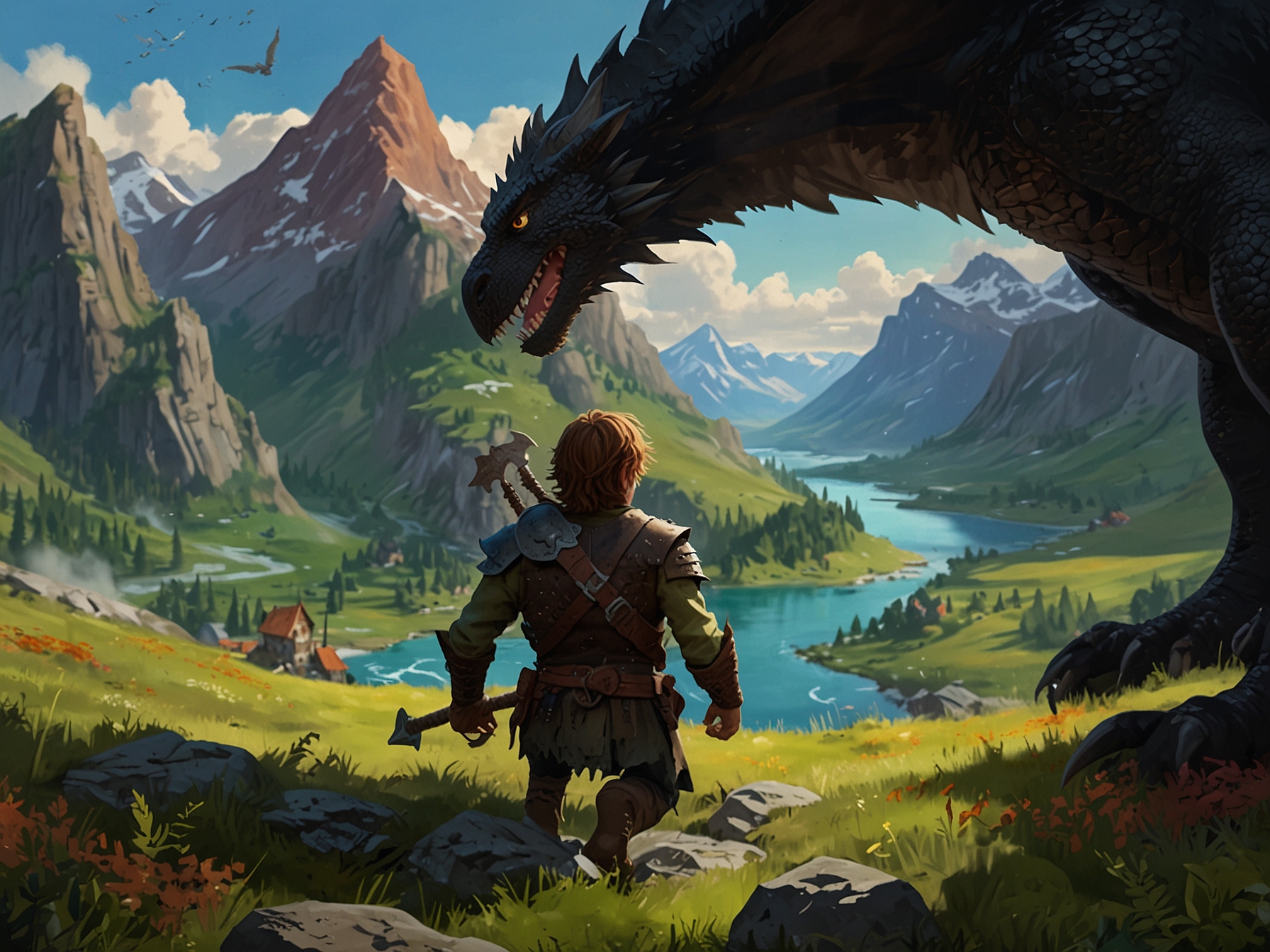 A visually captivating scene showing Hiccup, a bold Viking, riding Toothless the dragon through a breathtaking landscape of the Isle of Berk, filled with vibrant colors and dynamic scenery, showcasing their bond.