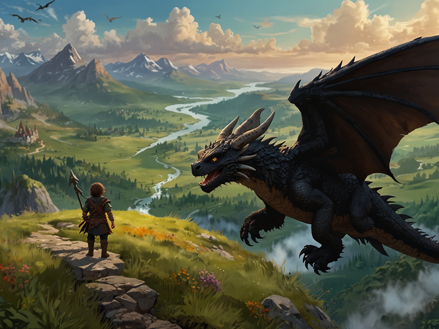 An intense moment featuring Hiccup and Astrid standing bravely together, gazing towards the horizon as the trailer hints at thrilling adventures, surrounded by the lush landscapes of their home island.