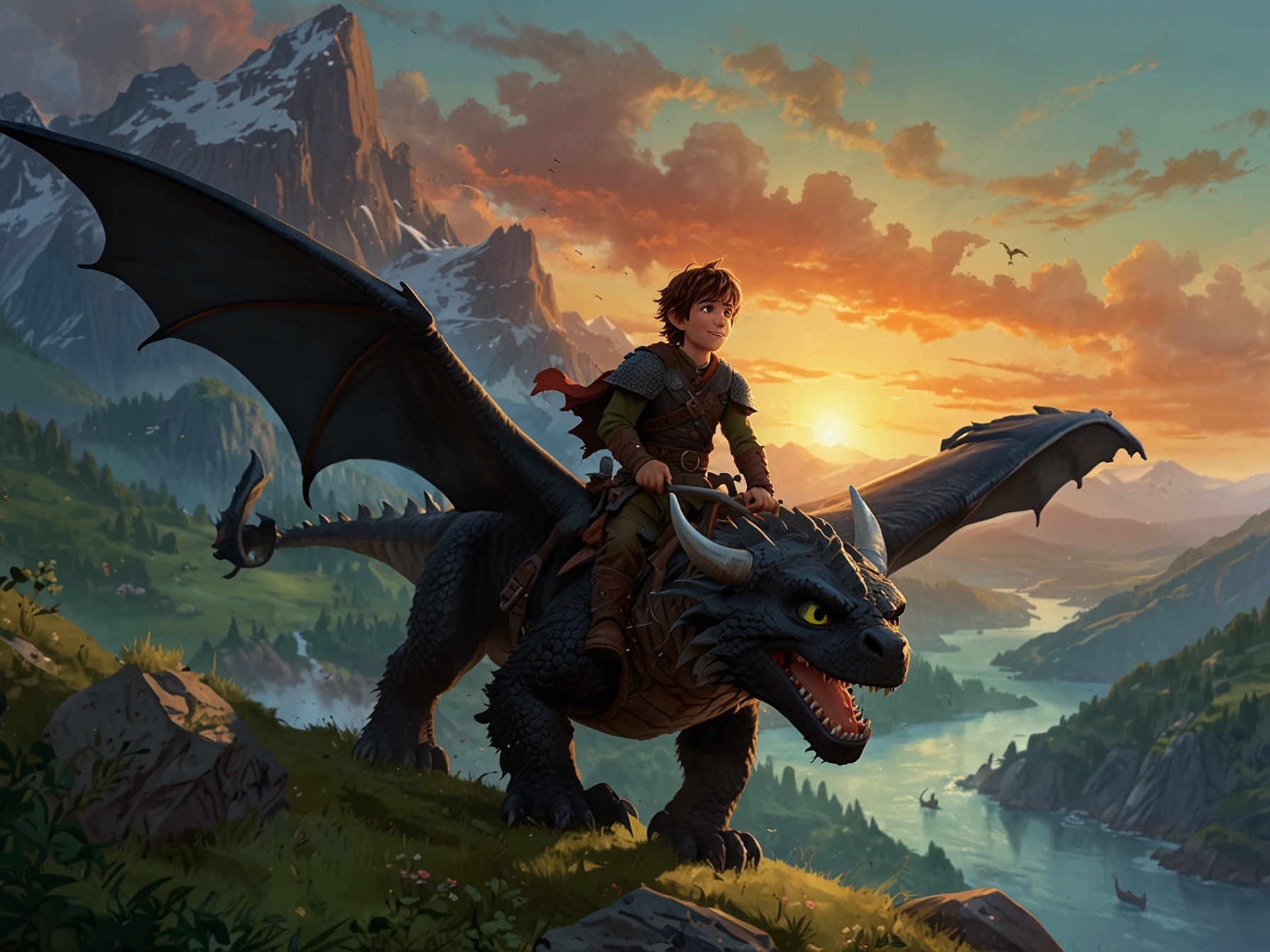 A heartfelt reunion scene with Hiccup embracing Toothless, emphasizing their emotional connection and the themes of friendship and understanding central to the storyline.