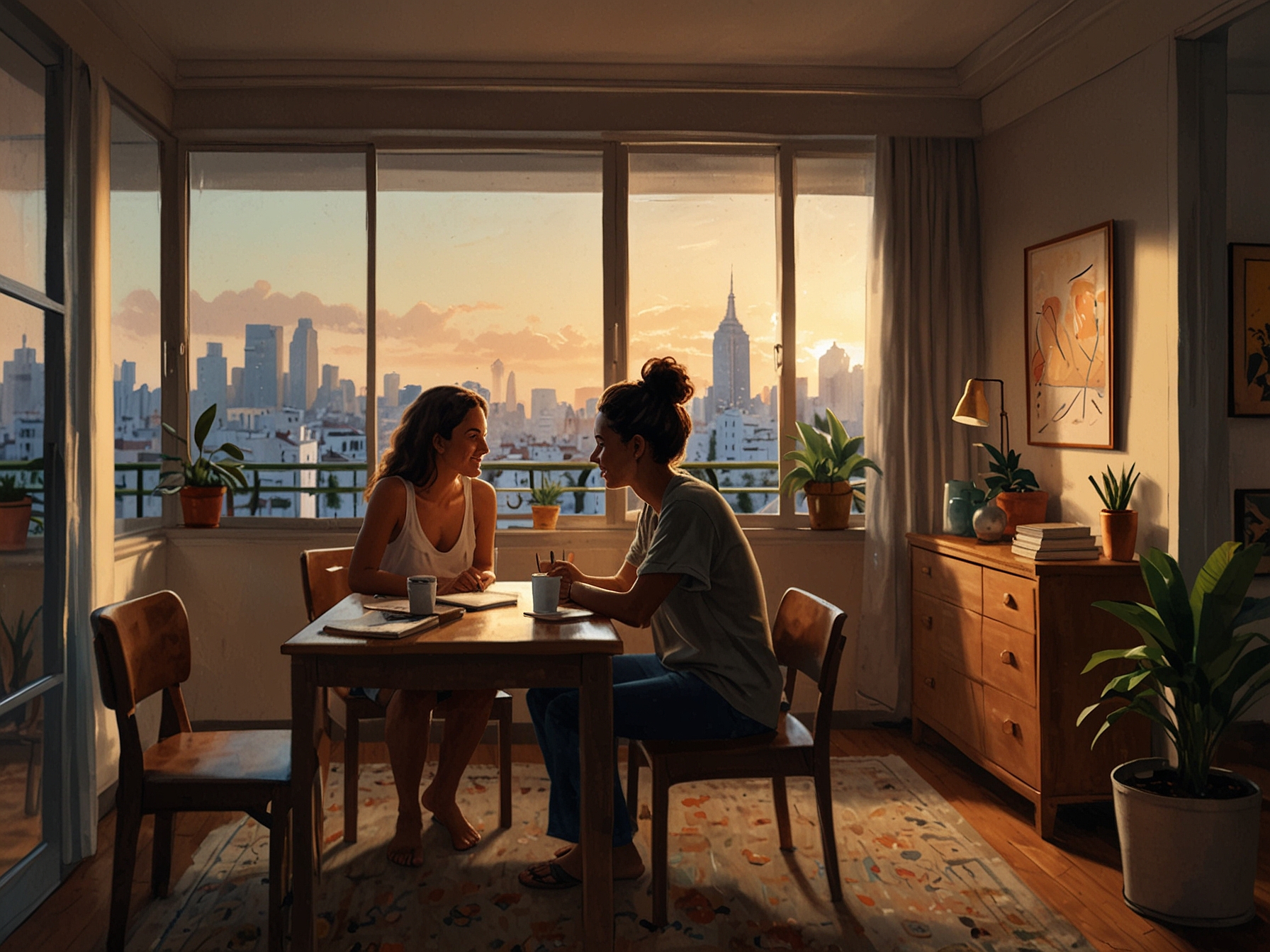 A cozy corner of their apartment, filled with personal mementos and photography equipment, symbolizing the couple's journey of love, ambition, and private happiness.