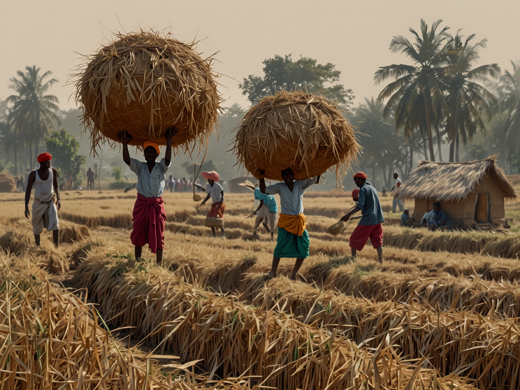 A bustling mandis in Ganjam district with farmers bringing in harvested paddy, depicting hope and community involvement amid agricultural challenges.