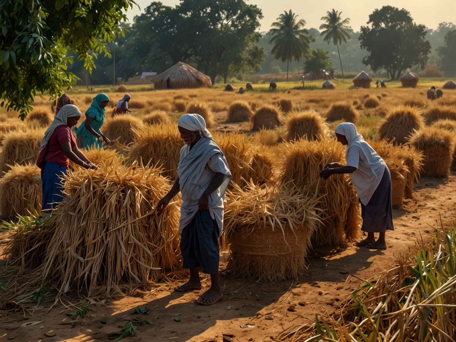 A close-up of freshly harvested paddy bags waiting for procurement in a community storage area, showcasing the hard work and challenges faced by farmers this season.