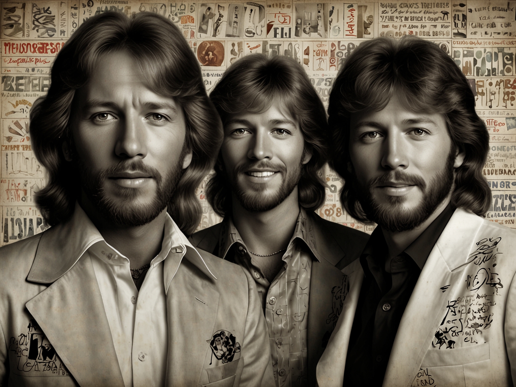 A vibrant tribute poster featuring Colin Petersen and Dennis Bryon, surrounded by iconic Bee Gees album covers and musical notes, symbolizing their legacy in the music industry.