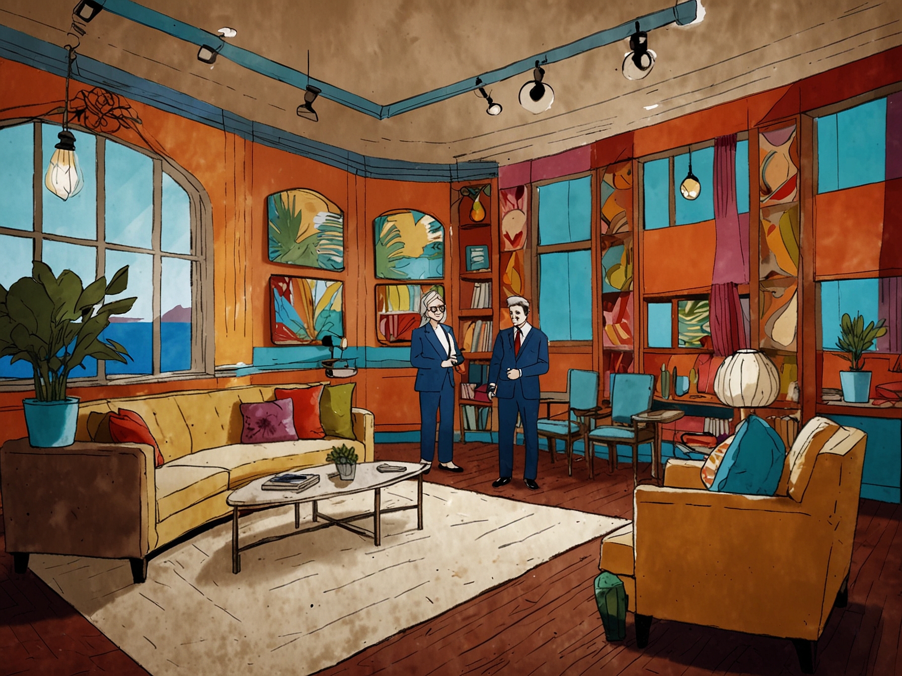 A live television studio where Ana Maria Braga laughs off her mistake with her co-host, surrounded by vibrant decor that reflects the lively atmosphere of the show.