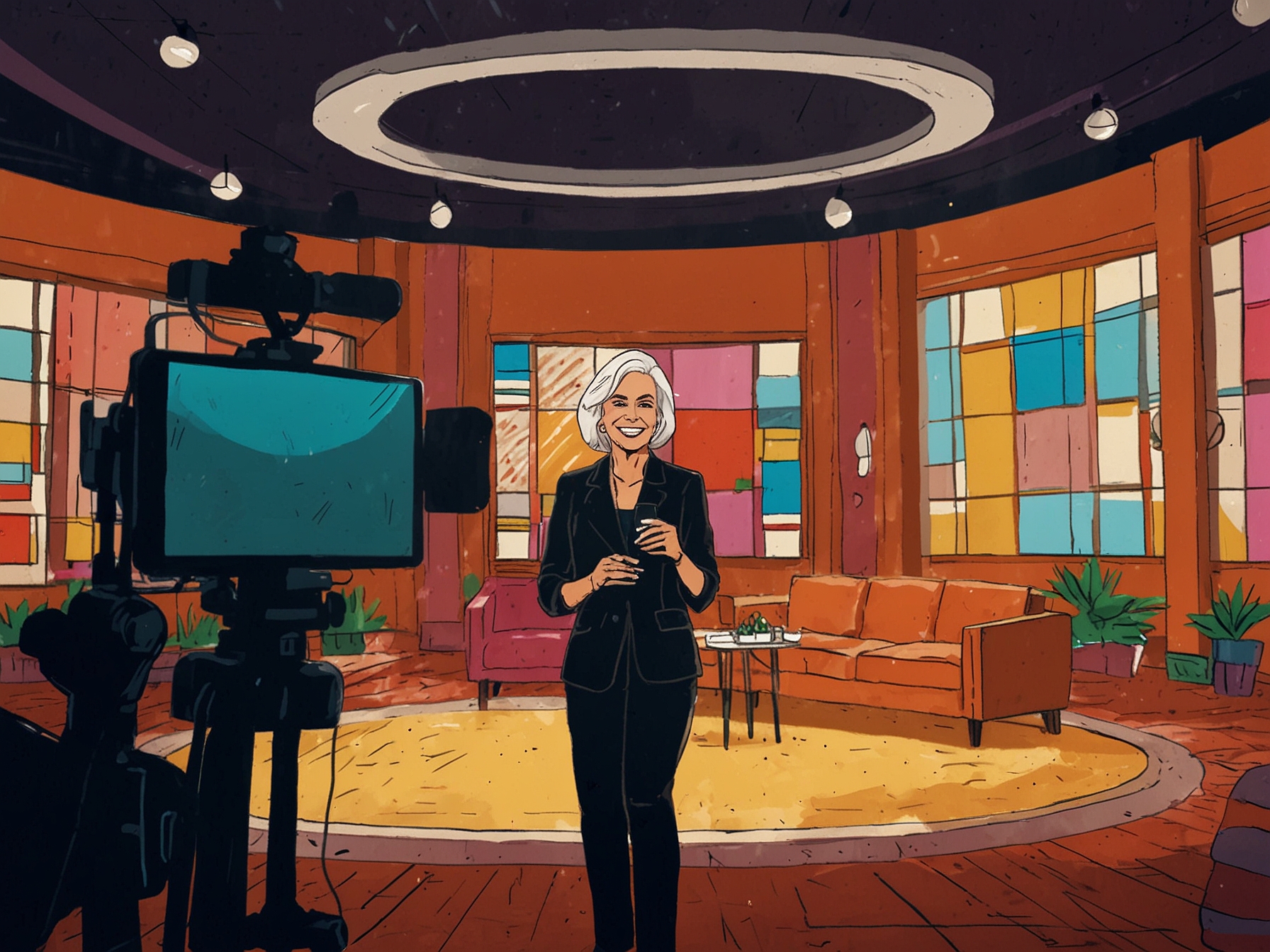 A candid moment of Ana Maria and Louro Mané sharing a lighthearted exchange on set, with bright lights and cameras capturing their engaging chemistry, illustrating the warmth of live television.