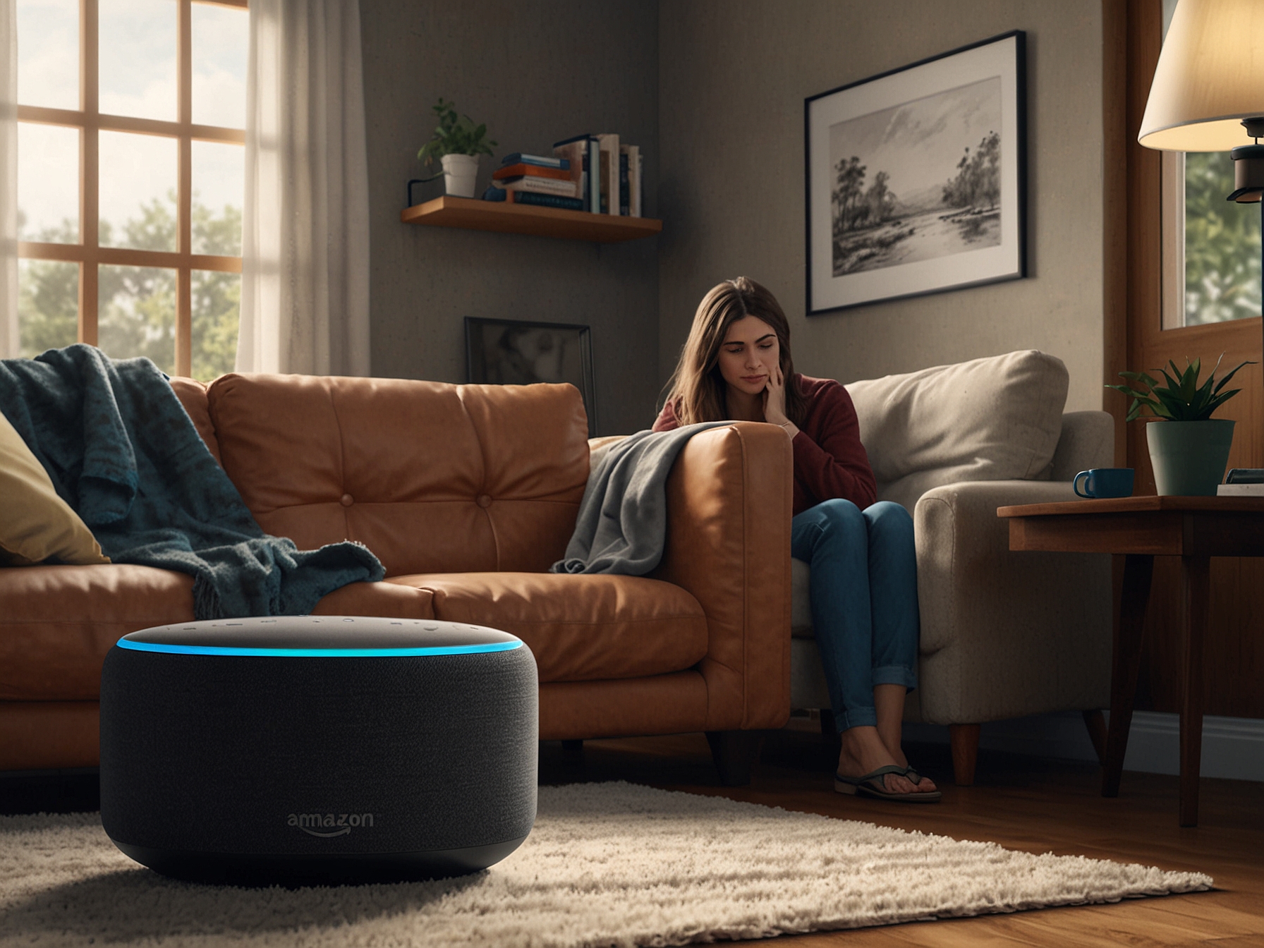 A frustrated user looking at a smart speaker while waiting for a response, symbolizing the latency issues faced by Amazon's Alexa. The background features a cozy living room with smart home devices.