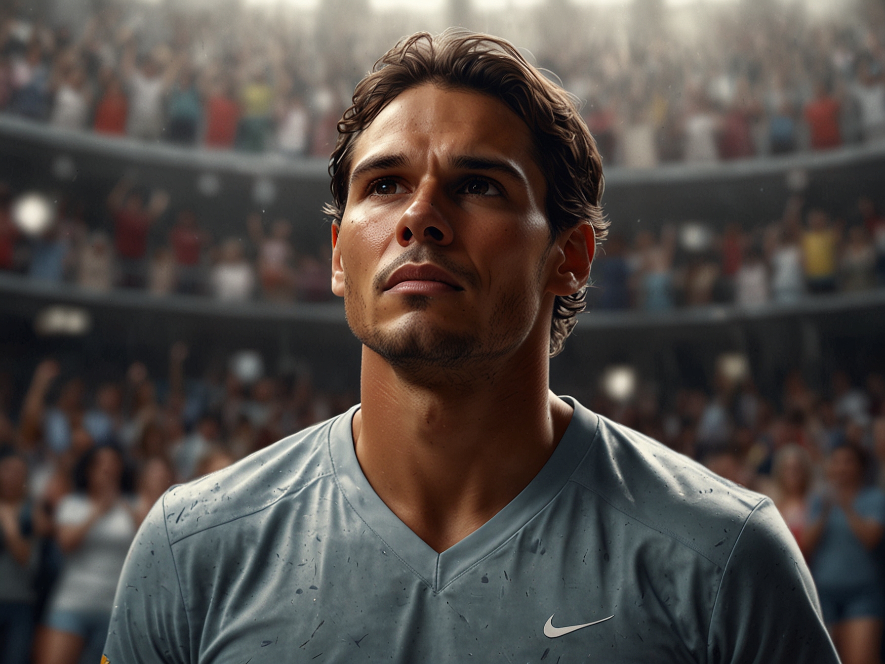 An emotional Rafael Nadal stands on the court with tears in his eyes during the Spanish anthem, surrounded by cheering fans celebrating his last match.