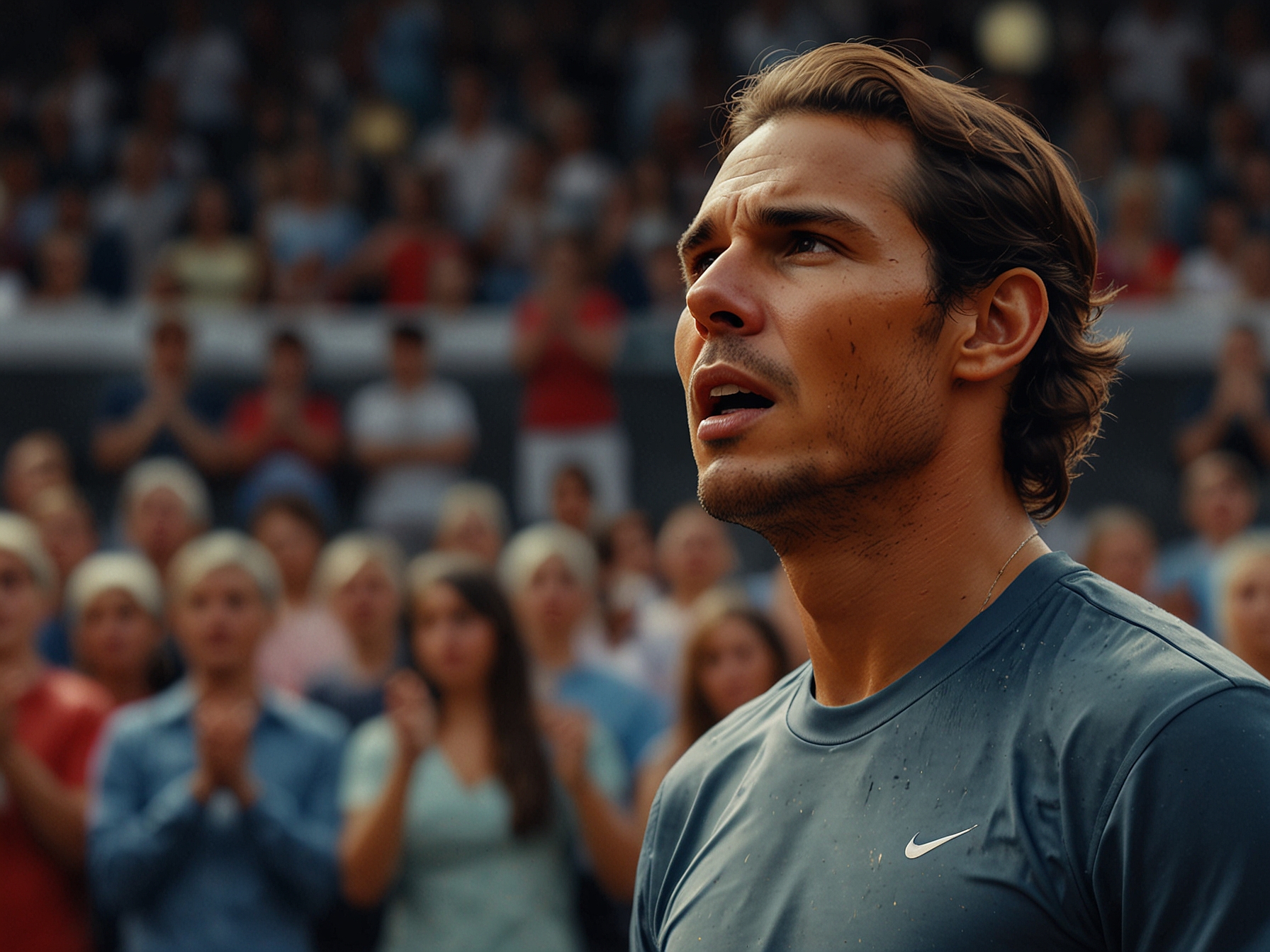 Rafael Nadal in action during his final game, displaying determination while battling against his opponent amidst an electrifying crowd in the Davis Cup.