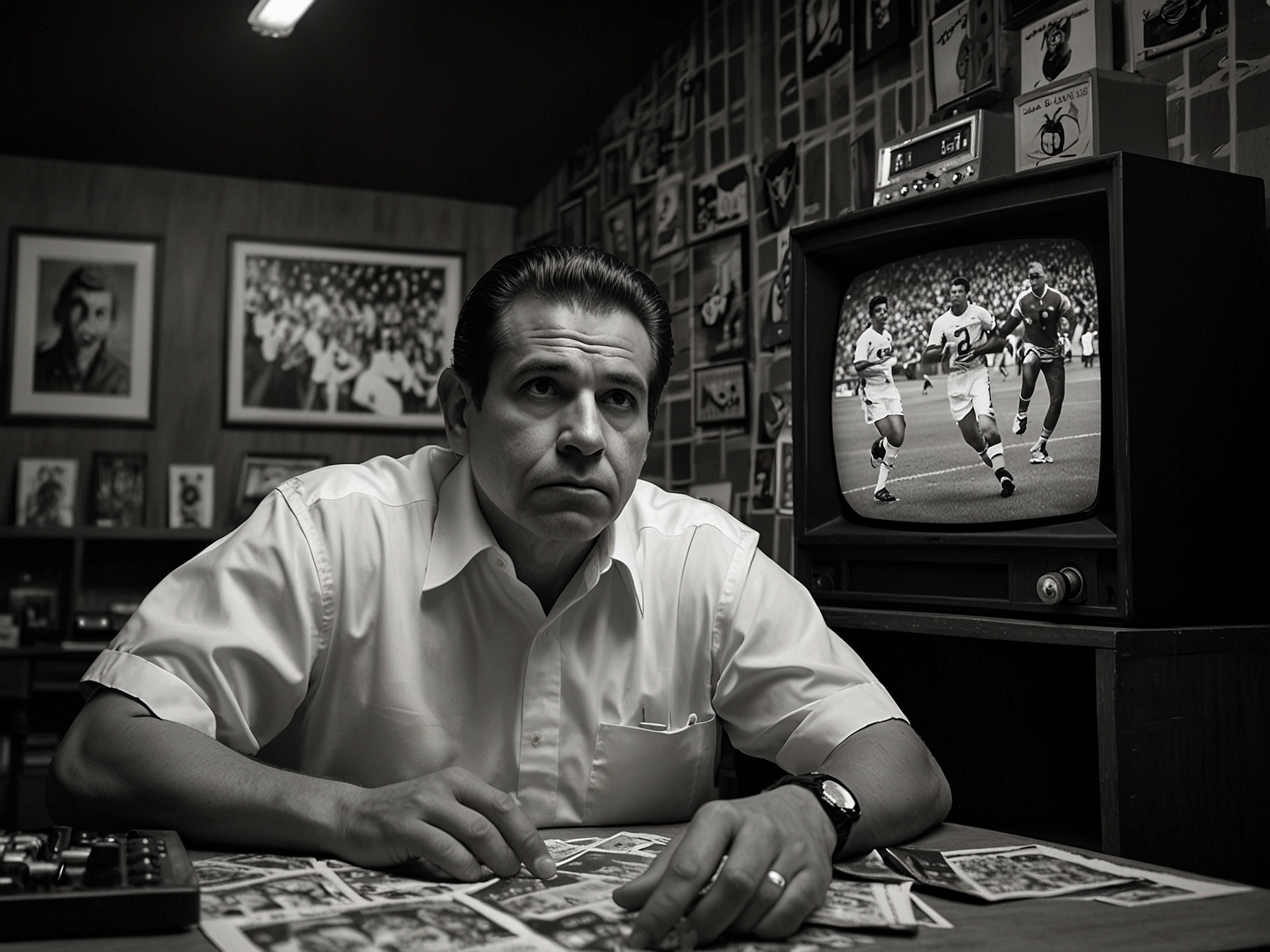 A poignant image depicting two hosts in deep thought, surrounded by sports memorabilia and a television screen showing moments from 'El Loco y El Cuerdo', symbolizing the show's impact on fans.