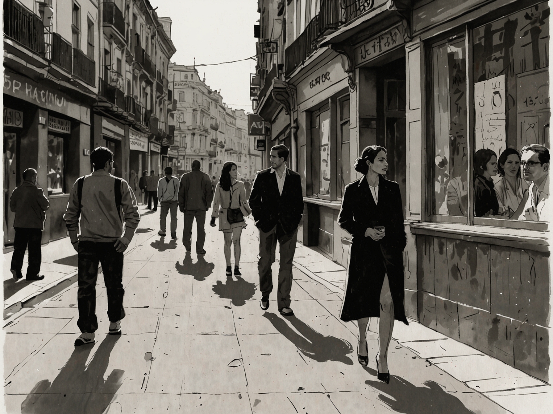 An engaging street scene in Madrid where Franco Colapinto and La China Suárez are rumored to have been seen together, capturing the essence of a budding romance.