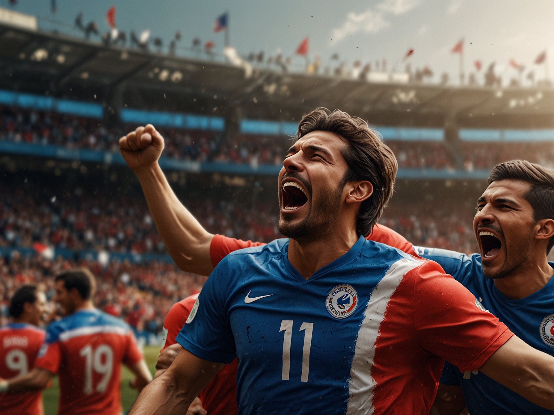 An intense moment from the match showing Chilean players celebrating after scoring a goal, with the spirited crowd in the background, capturing the passion of the game.