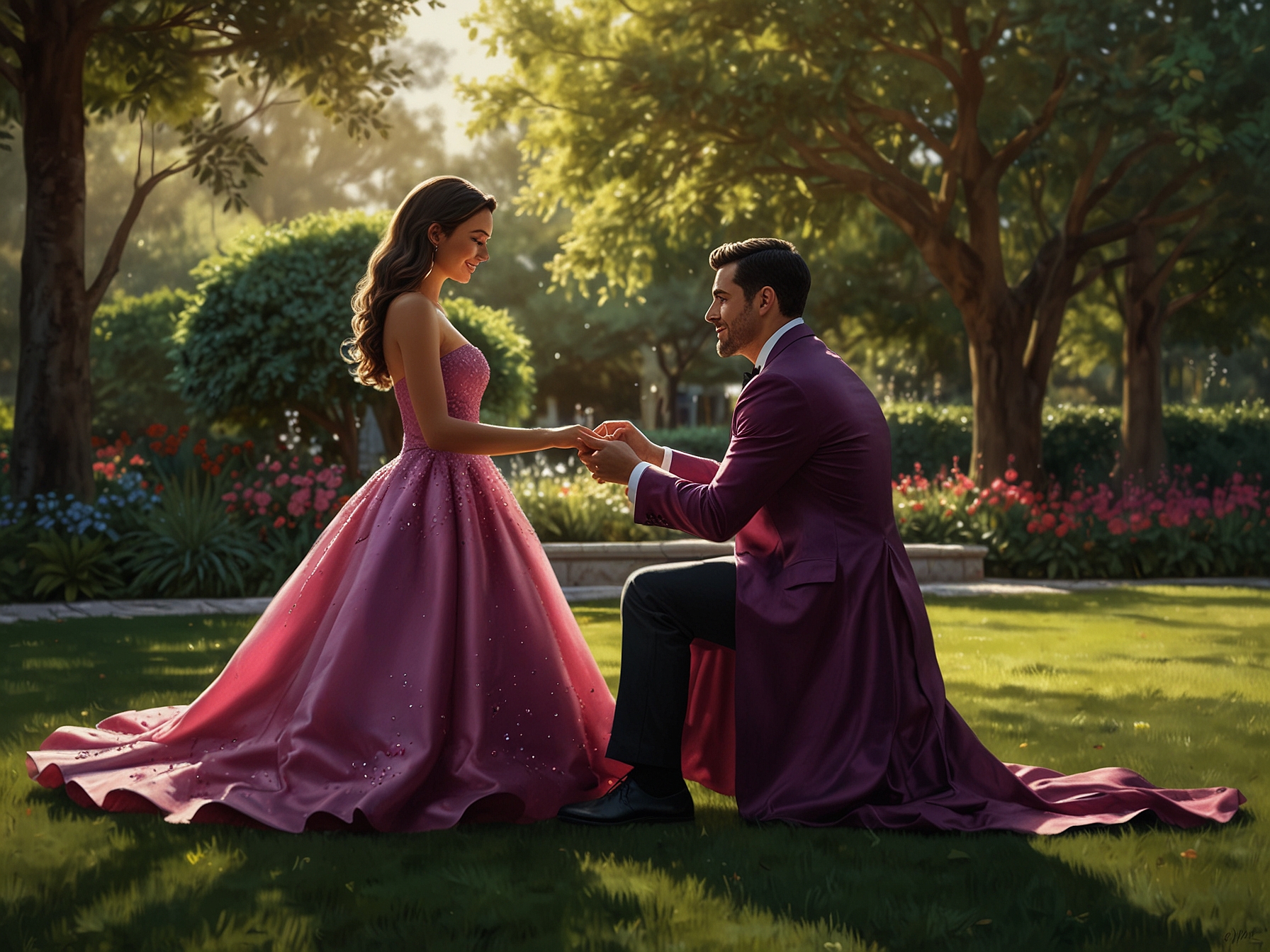 In a picturesque garden, Karely Ruiz is seen wearing a vibrant fuchsia gown as Jhon Echeverry presents her with a sparkling engagement ring, symbolizing their love and commitment amidst societal scrutiny.