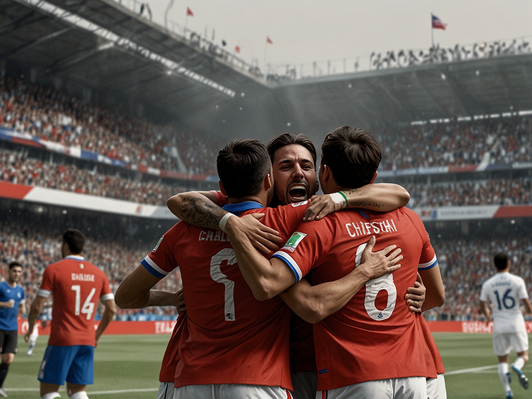 A close-up of Eduardo Vargas scoring and the emotion on his face, with fans cheering wildly in the stands, emphasizing the stakes of the World Cup qualifier.