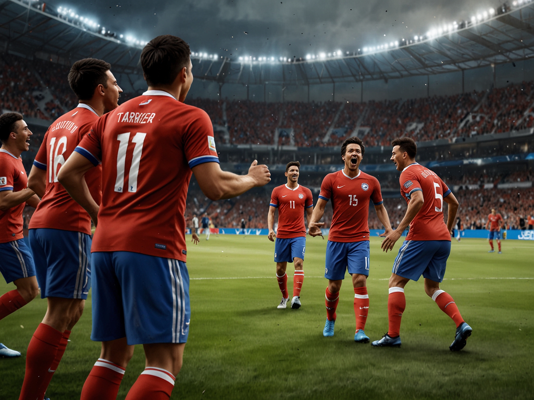 A panoramic view of the stadium filled with vibrant banners and flags, showcasing both Chilean and Venezuelan supporters united in the thrilling atmosphere of the match.