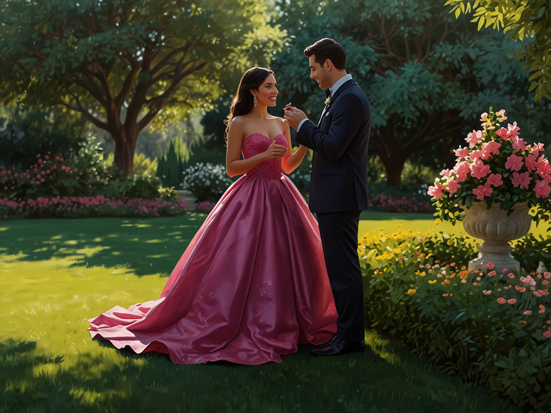 Karely and Jhon sharing a tender moment surrounded by flower petals, embodying both the fairy tale aspect and the complex reality of modern relationships.