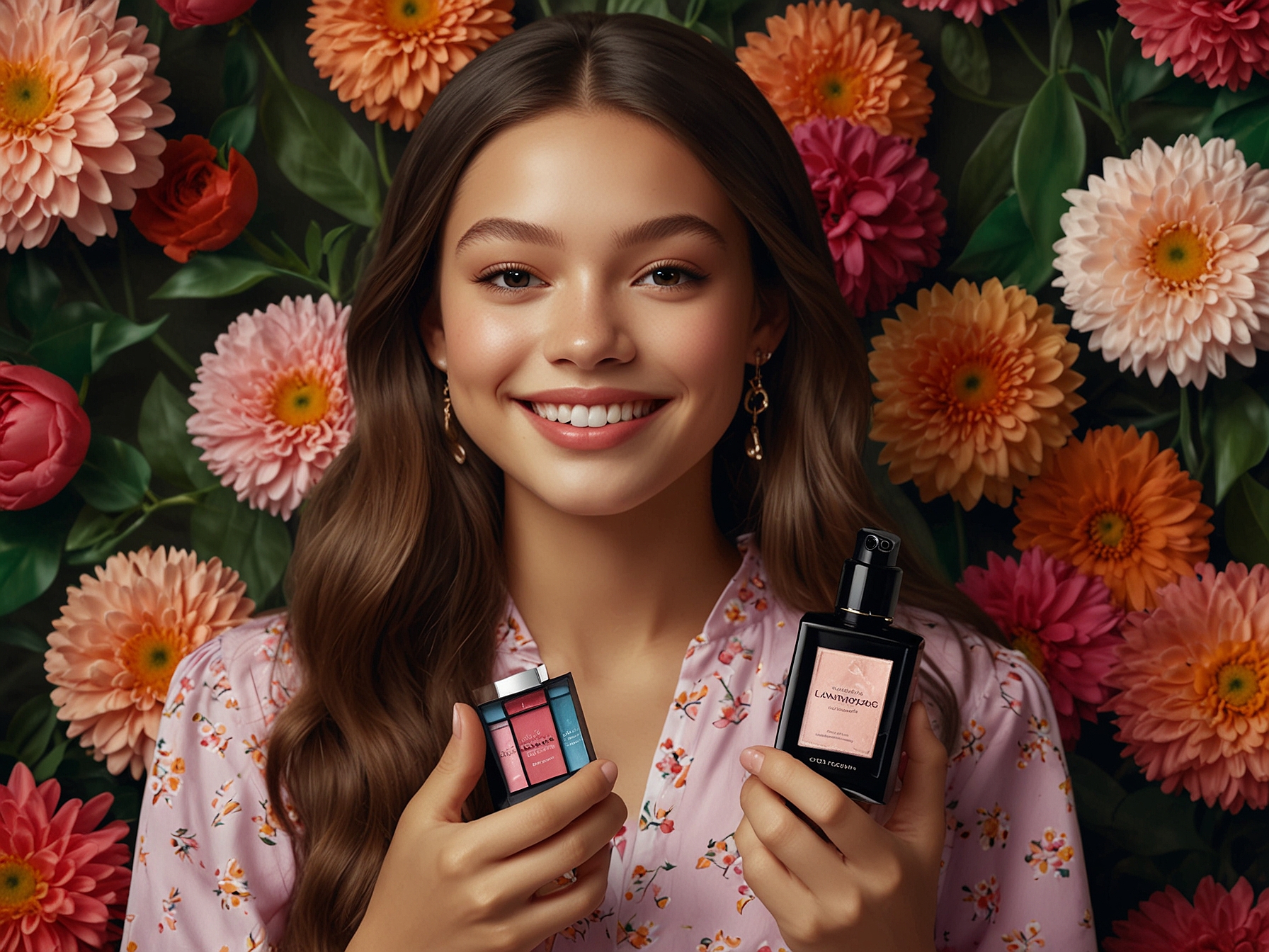 Olivia Rodrigo smiling confidently while holding Lancôme beauty products, surrounded by vibrant flowers and soft lighting, embodying the essence of authenticity and beauty.