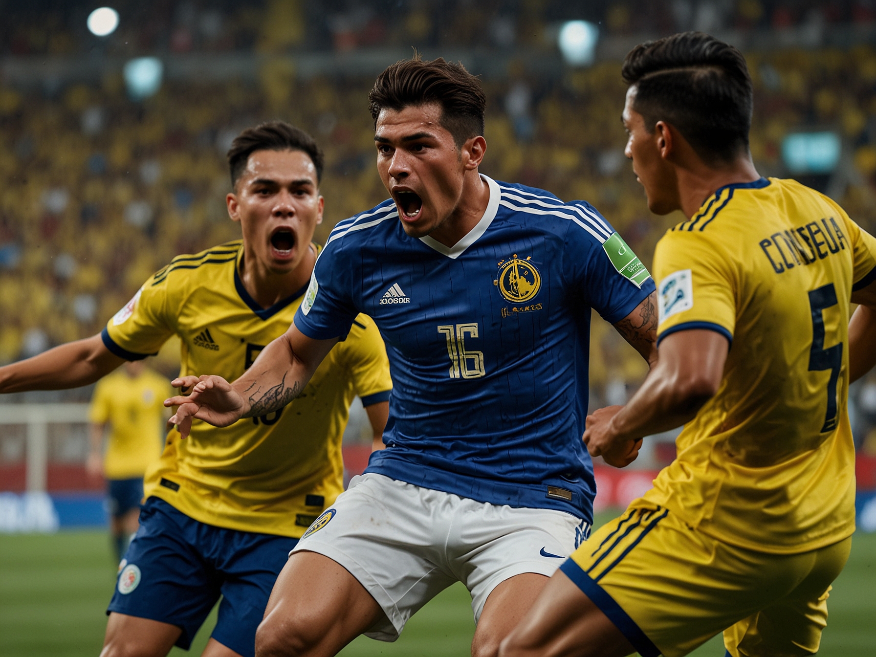 A tense moment from the match showing players fighting for possession, with Colombia's blue and yellow jerseys contrasting against Ecuador's yellow and blue, capturing the intensity of the game.