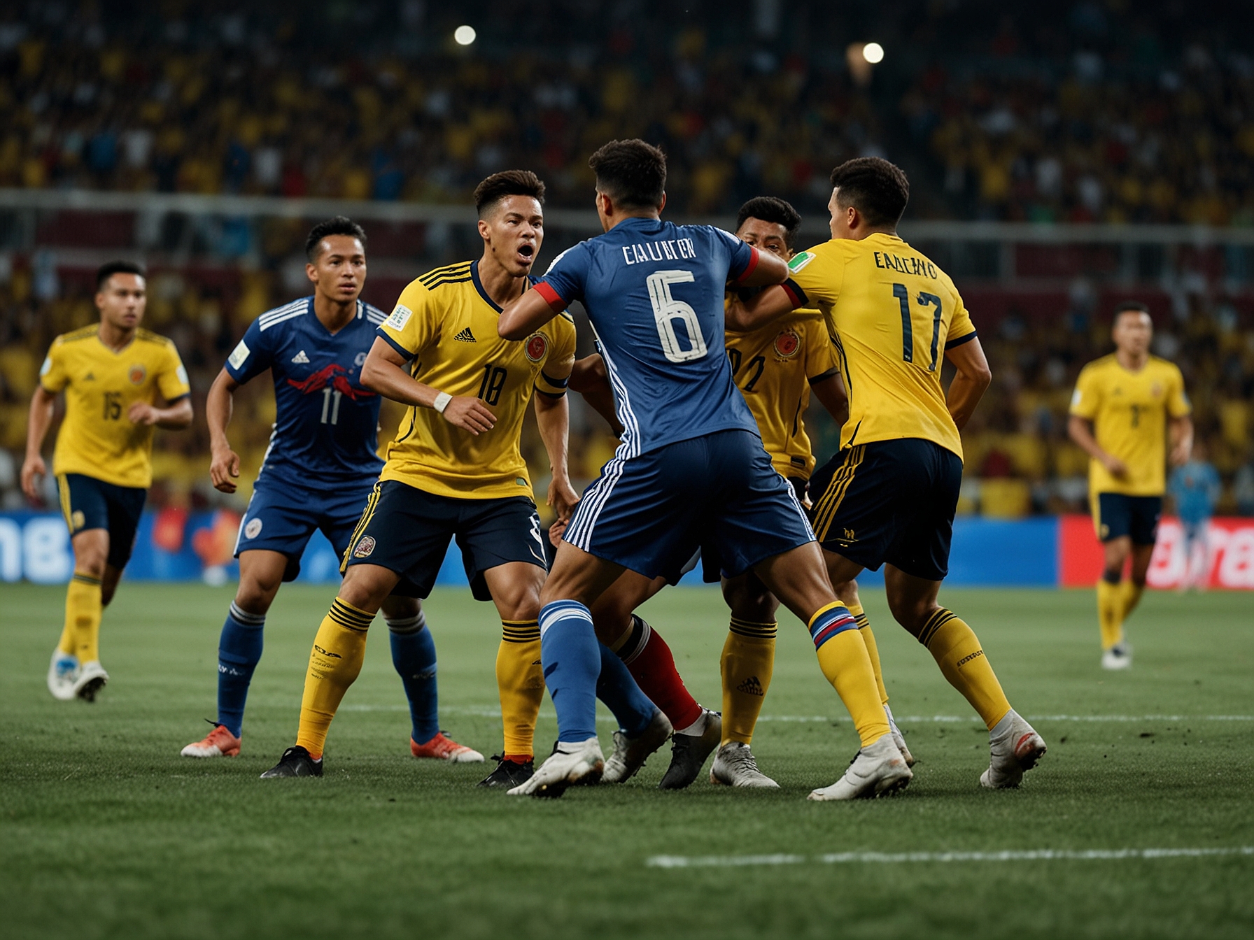 James Rodríguez dribbling the ball with determination, surrounded by Ecuadorian defenders, showcasing his efforts to create scoring opportunities during the challenging match.
