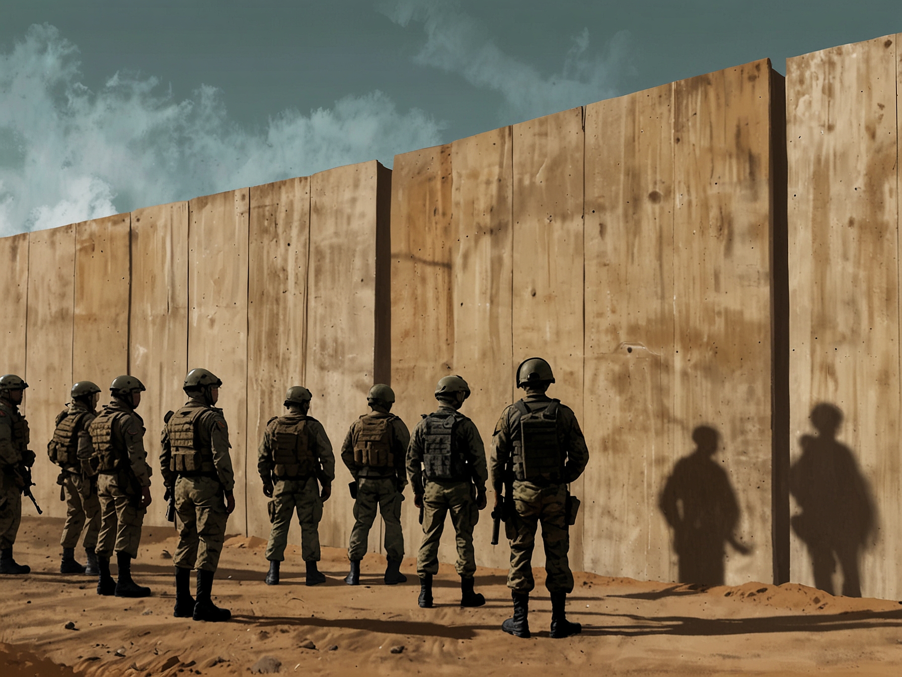 An image depicting military personnel in front of a border wall, symbolizing the intersection of military and immigration policy as proposed by Trump. The tension in the scene reflects the uncertainty surrounding mass deportation plans.