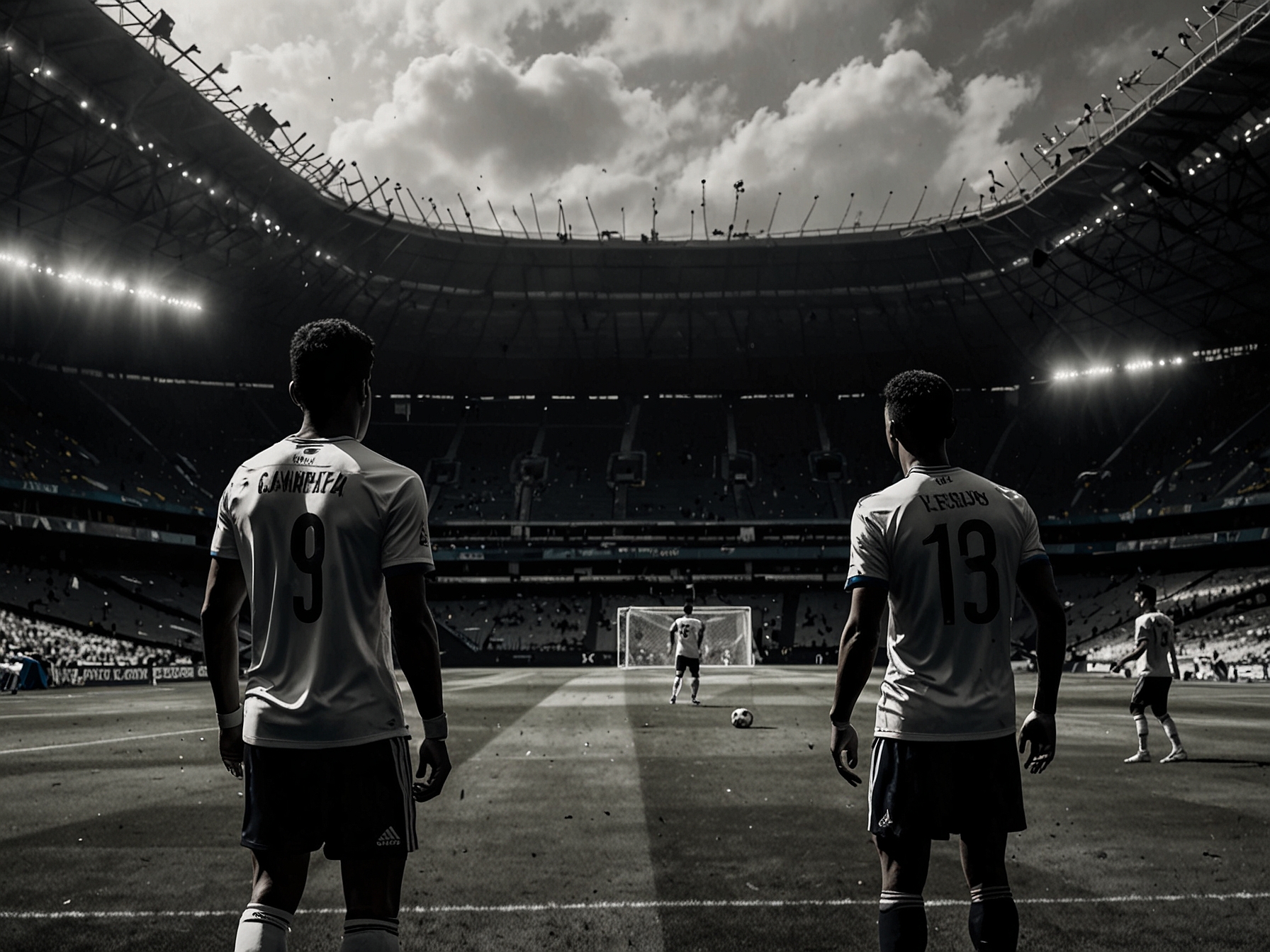 A tense atmosphere fills the stadium as Colombian and Ecuadorian players warm up before their crucial match, highlighting the absence of star players due to injuries.