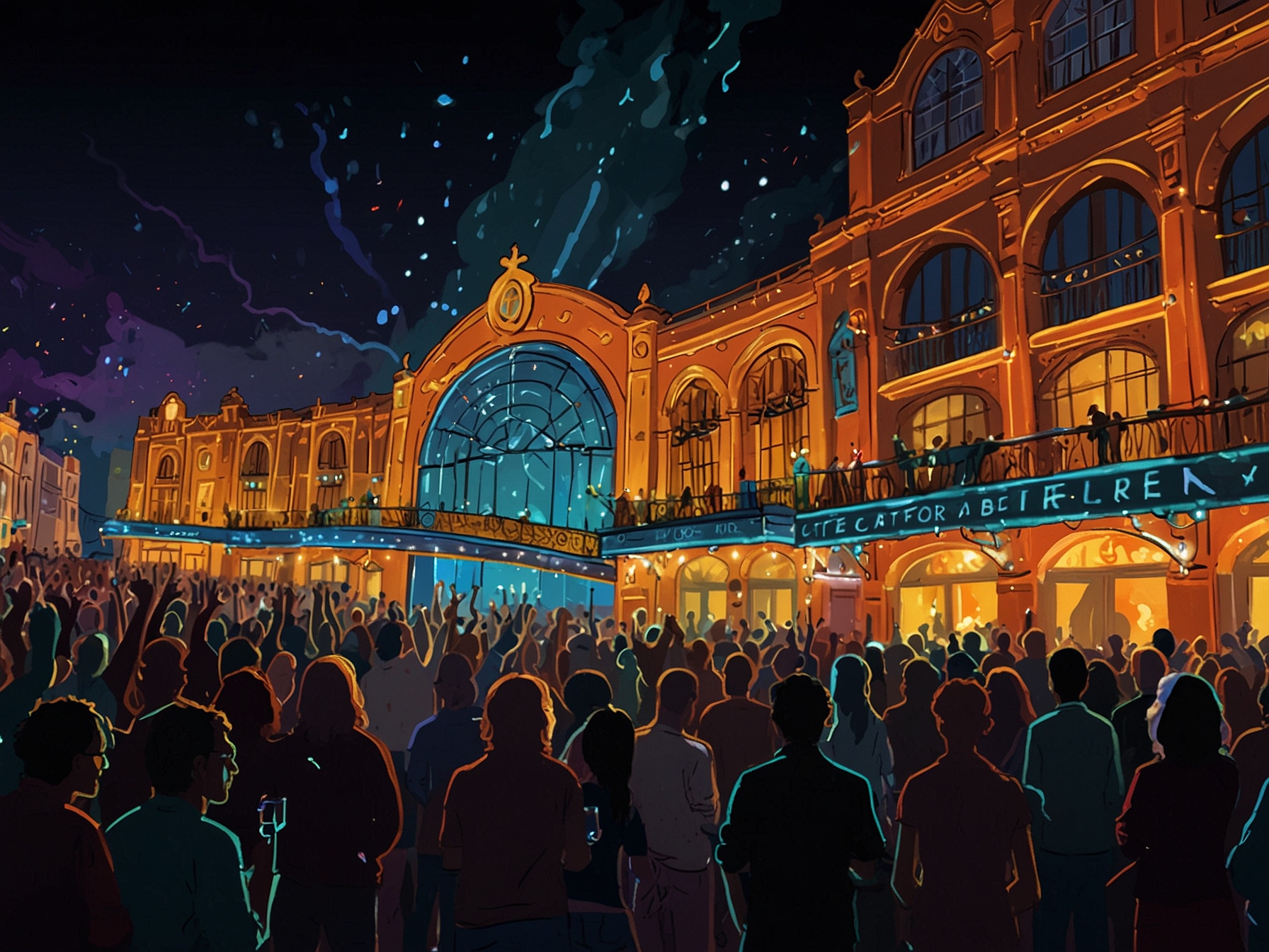 A vibrant scene from León Fair showcasing enthusiastic concert-goers enjoying live music, colorful lights, and excitement in the air.