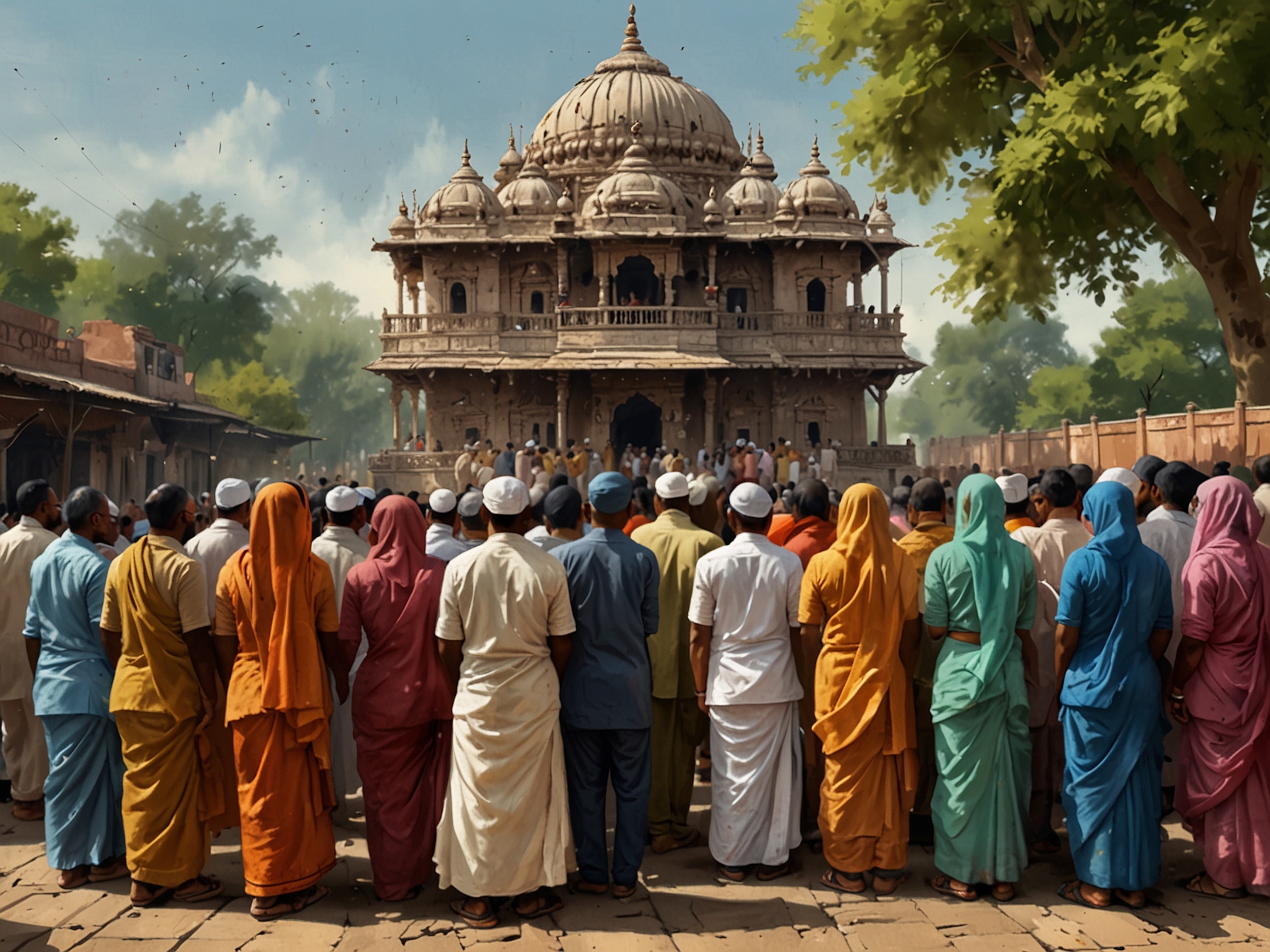 A crowd of devotees lining up outside the Shri Banke Bihari Temple in Vrindavan, eagerly waiting to collect water, while some splash it on their faces in worship.