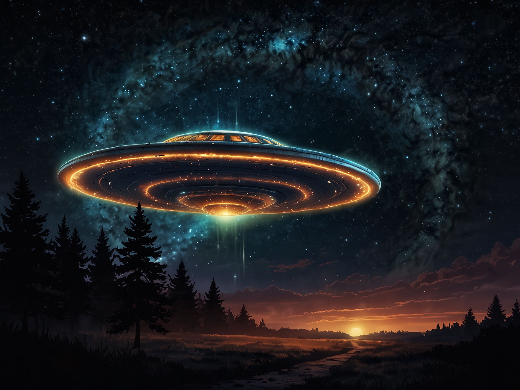 An illustration of a disc-shaped flying saucer entering a bright, swirling vortex, set against a starry night sky, symbolizing the mysteries of time travel.