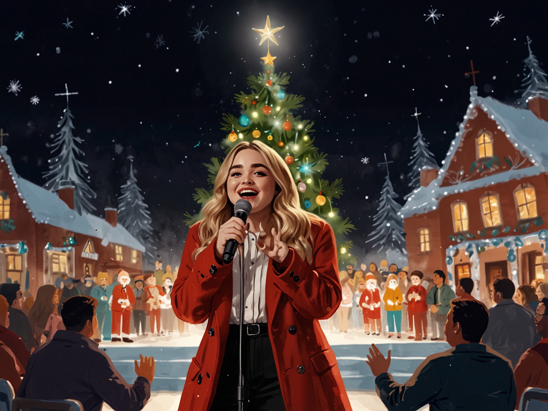 Sabrina Carpenter performing on stage, surrounded by festive decorations, with bright lights illuminating a joyful audience during the holiday special.