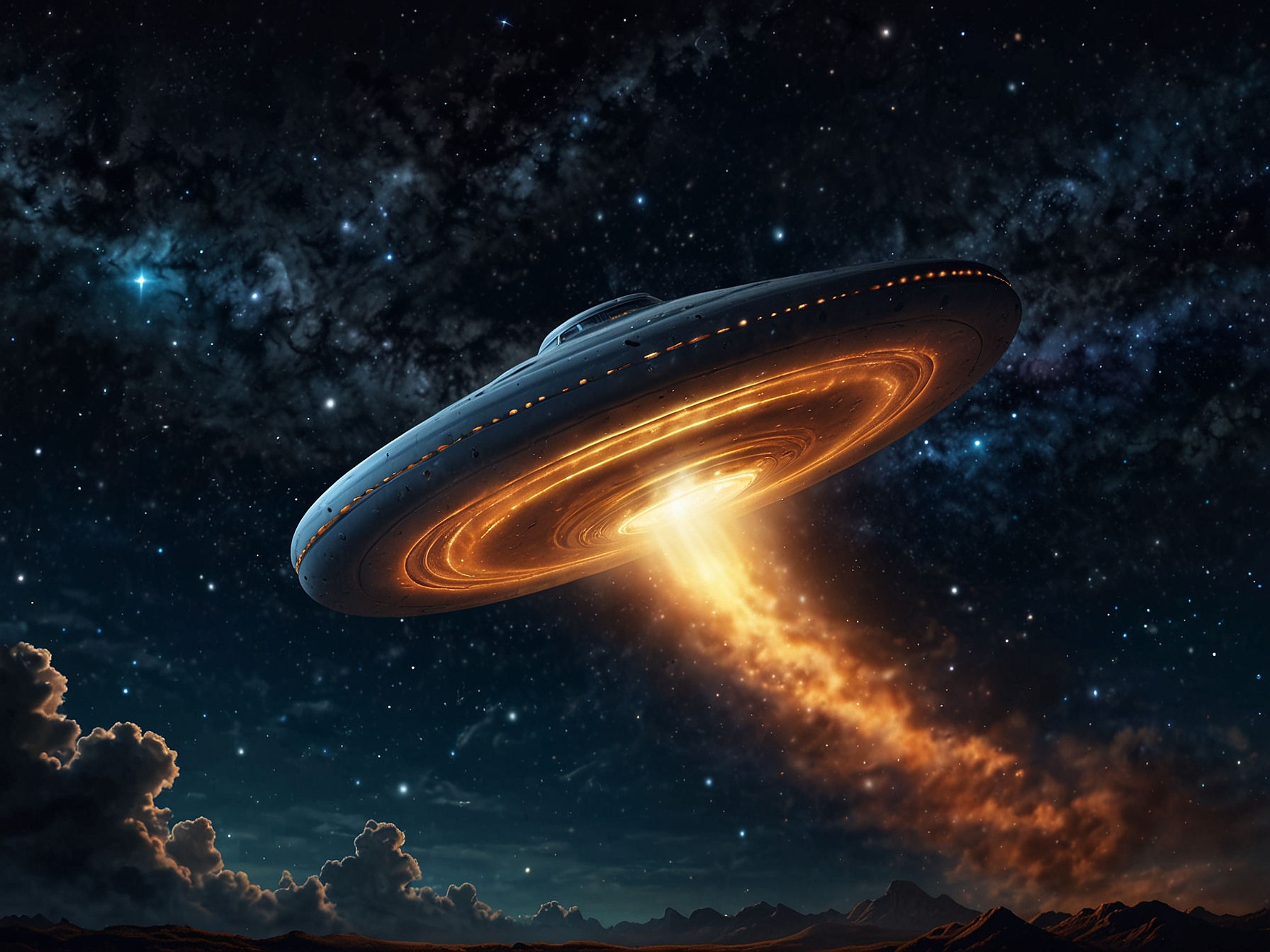 A still from the viral flying saucer video shows the object approaching a radiant portal, generating speculation about its reality and extraterrestrial connections.