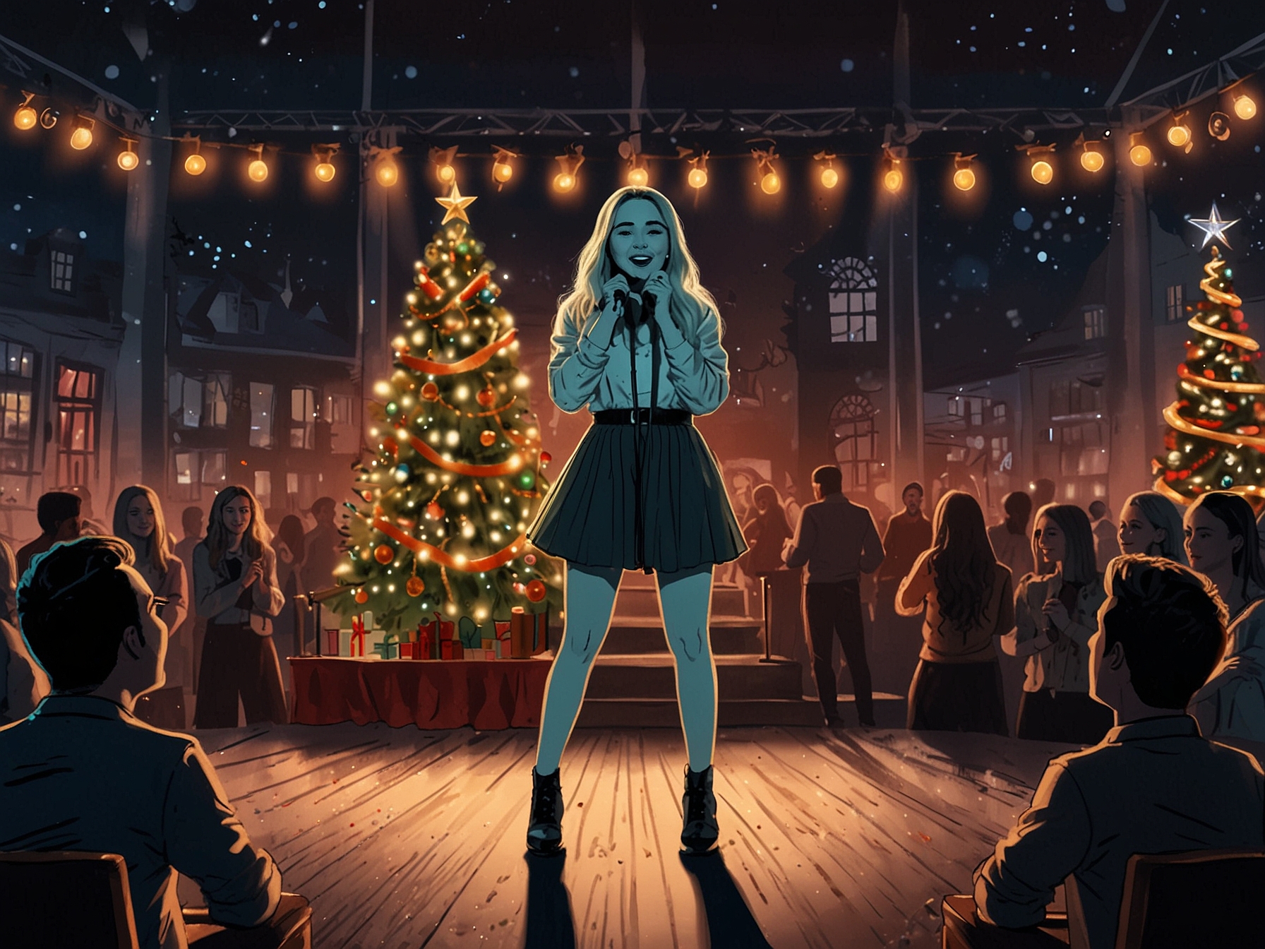 A scene from 'A Nonsense Christmas' featuring Sabrina Carpenter and celebrity guests laughing and engaging in a comedic sketch themed around Christmas traditions.