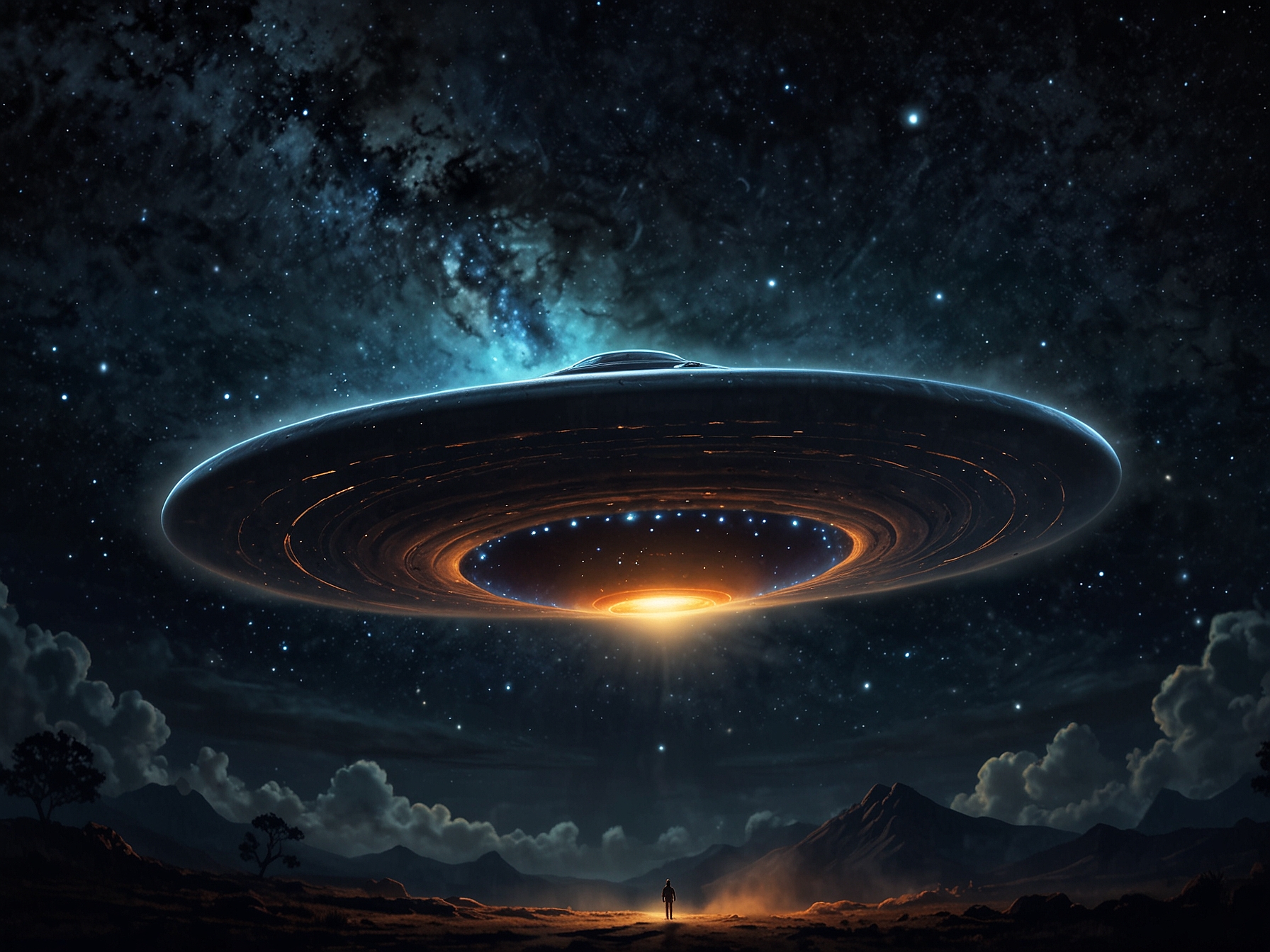 Concept art depicting a futuristic landscape with a flying saucer crossing a shimmering time portal, representing humanity's fascination with the unknown.