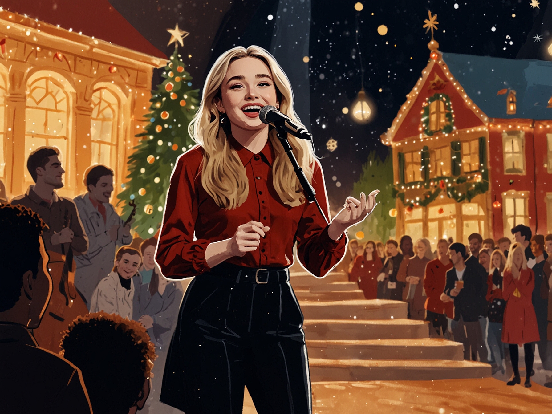 Sabrina Carpenter and Christina Aguilera sharing the stage, capturing a nostalgic moment filled with vibrant energy as they perform together during the holiday special.