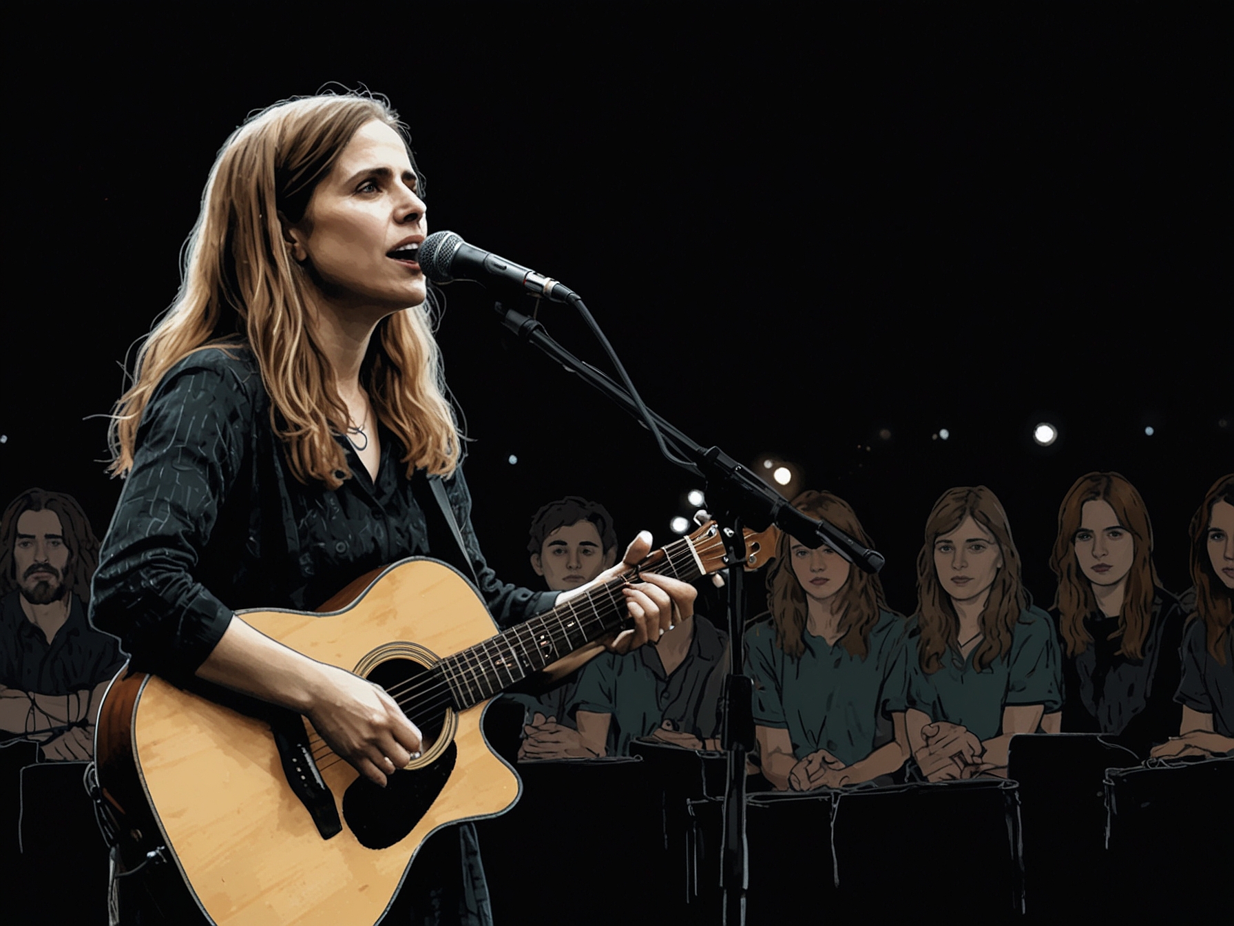 Juana Molina on stage at Club TRI in Mar del Plata, surrounded by vibrant lights, with her band, creating an emotional atmosphere as she performs 'Halo' for her fans.