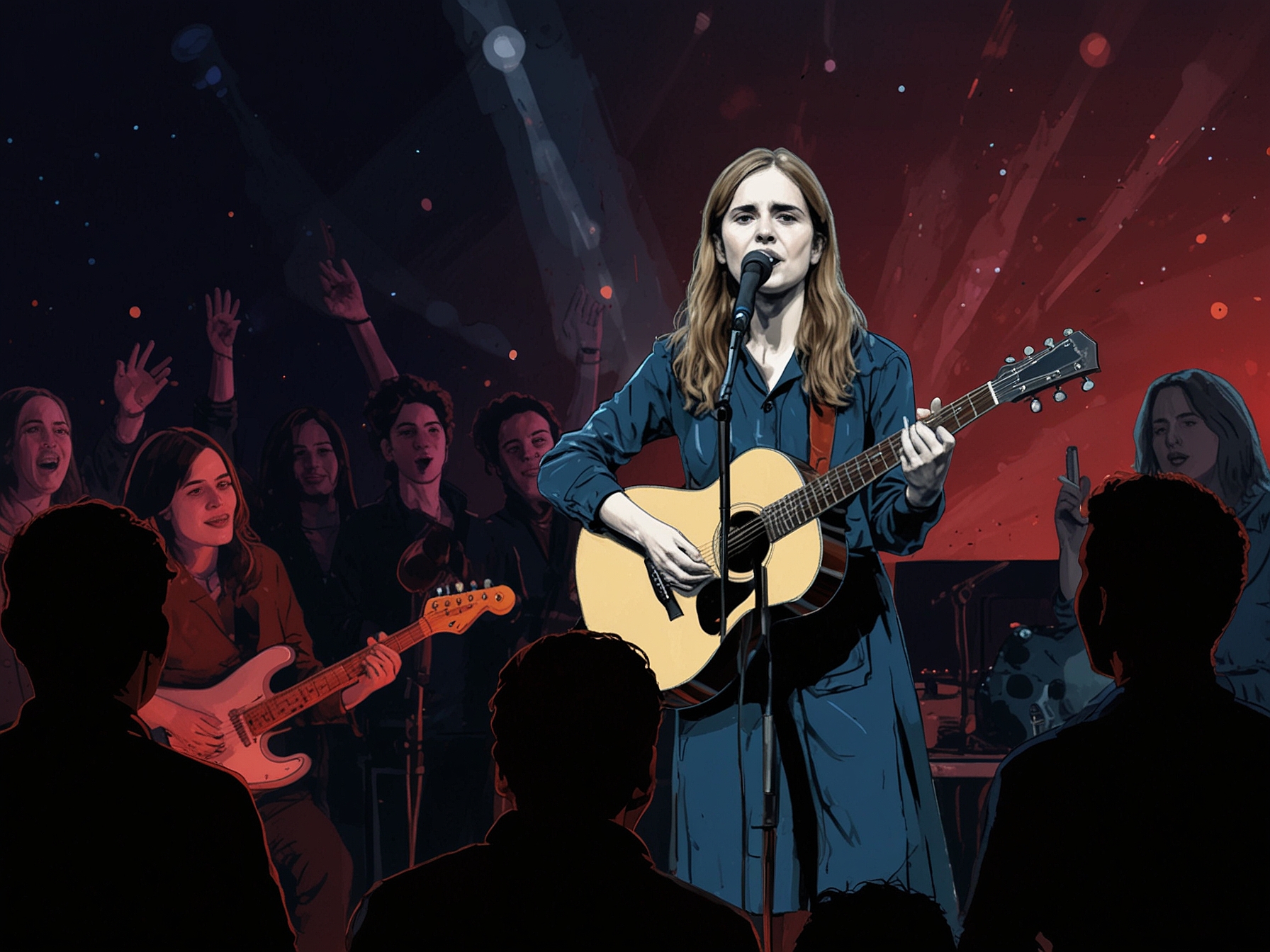A close-up of Juana Molina singing passionately into a microphone, with a backdrop of visuals representing her album 'Halo', capturing the emotions of the farewell concert.