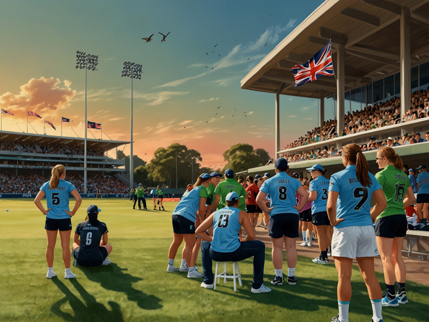 A vibrant scene at Drummoyne Oval, showcasing the intense anticipation of the WBBL 10 match between Sydney Thunder and Melbourne Stars with fans cheering and players warming up.