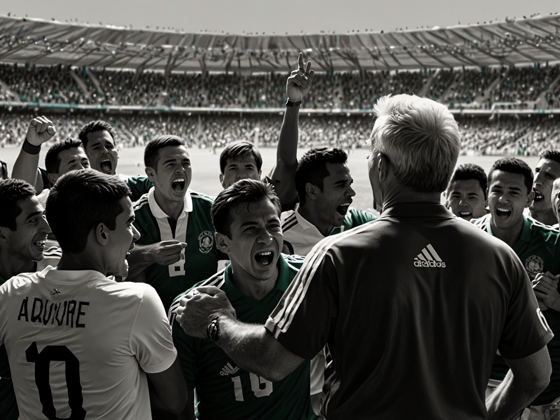 A dynamic soccer match scene captures Javier Aguirre on the sidelines, passionately directing his winning Mexico team against Honduras, with players celebrating a goal amidst an enthusiastic crowd.