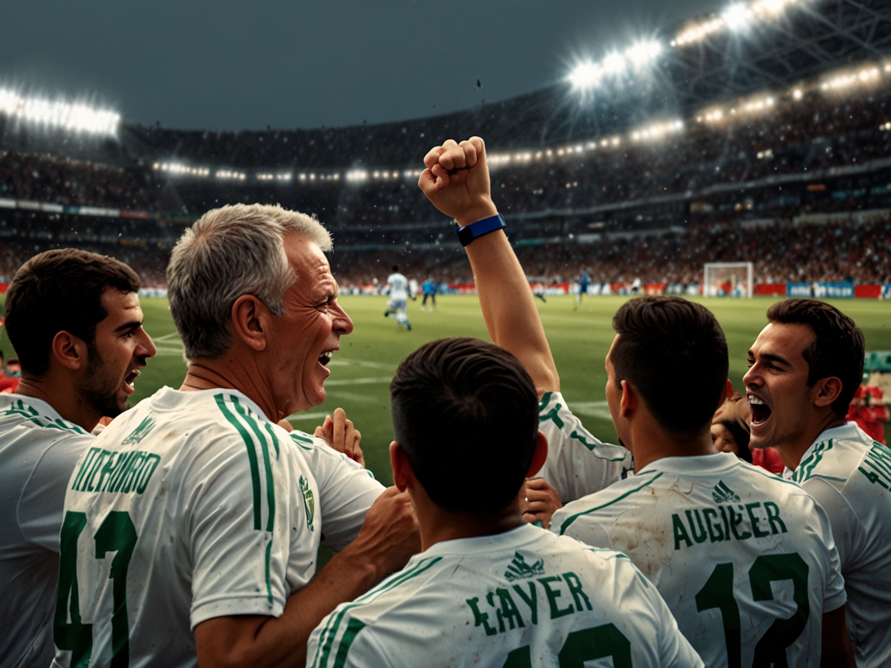Raúl Jiménez is seen in action, skillfully maneuvering the ball during the game against Honduras, as teammates and fans cheer in the vibrant atmosphere of Estadio Nemesio Diez.