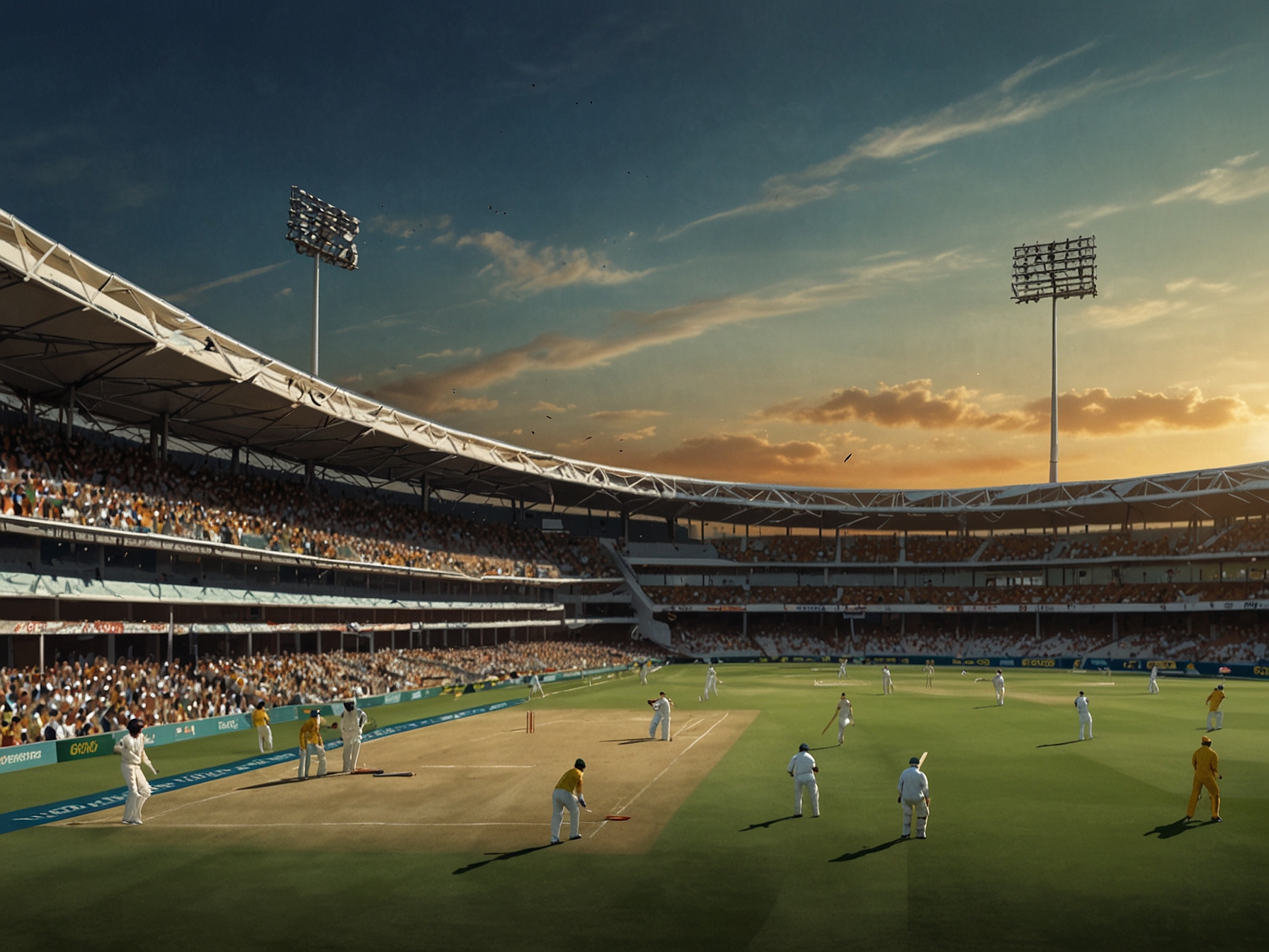 A dynamic cricket field with Australian players warming up, showcasing anticipation for the Border-Gavaskar Trophy clash against India. The stadium is filled with enthusiastic fans wearing team colors, highlighting the excitement surrounding upcoming milestones for key players.