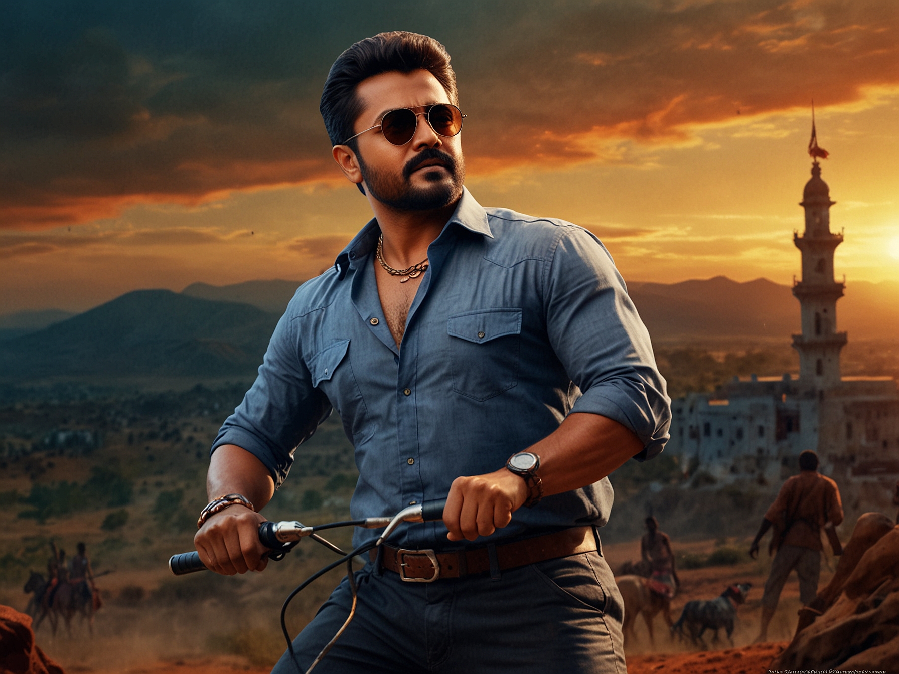 A dramatic promotional poster of Kanguva featuring Suriya in a heroic pose, showcasing vibrant visuals and epic landscapes, capturing the essence of his ambitious cinematic vision.