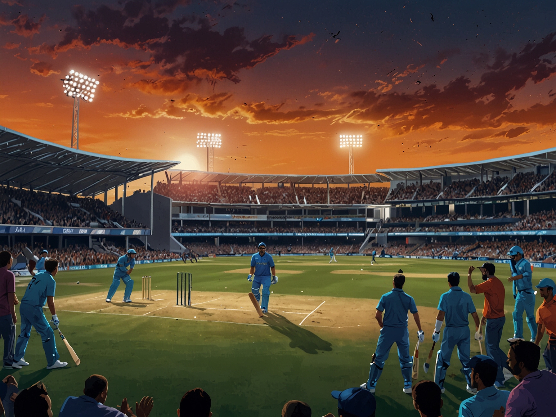 A dynamic cricket match scene showcasing players in action, featuring stars like Jos Buttler and Rashid Khan, amidst a vibrant crowd atmosphere.