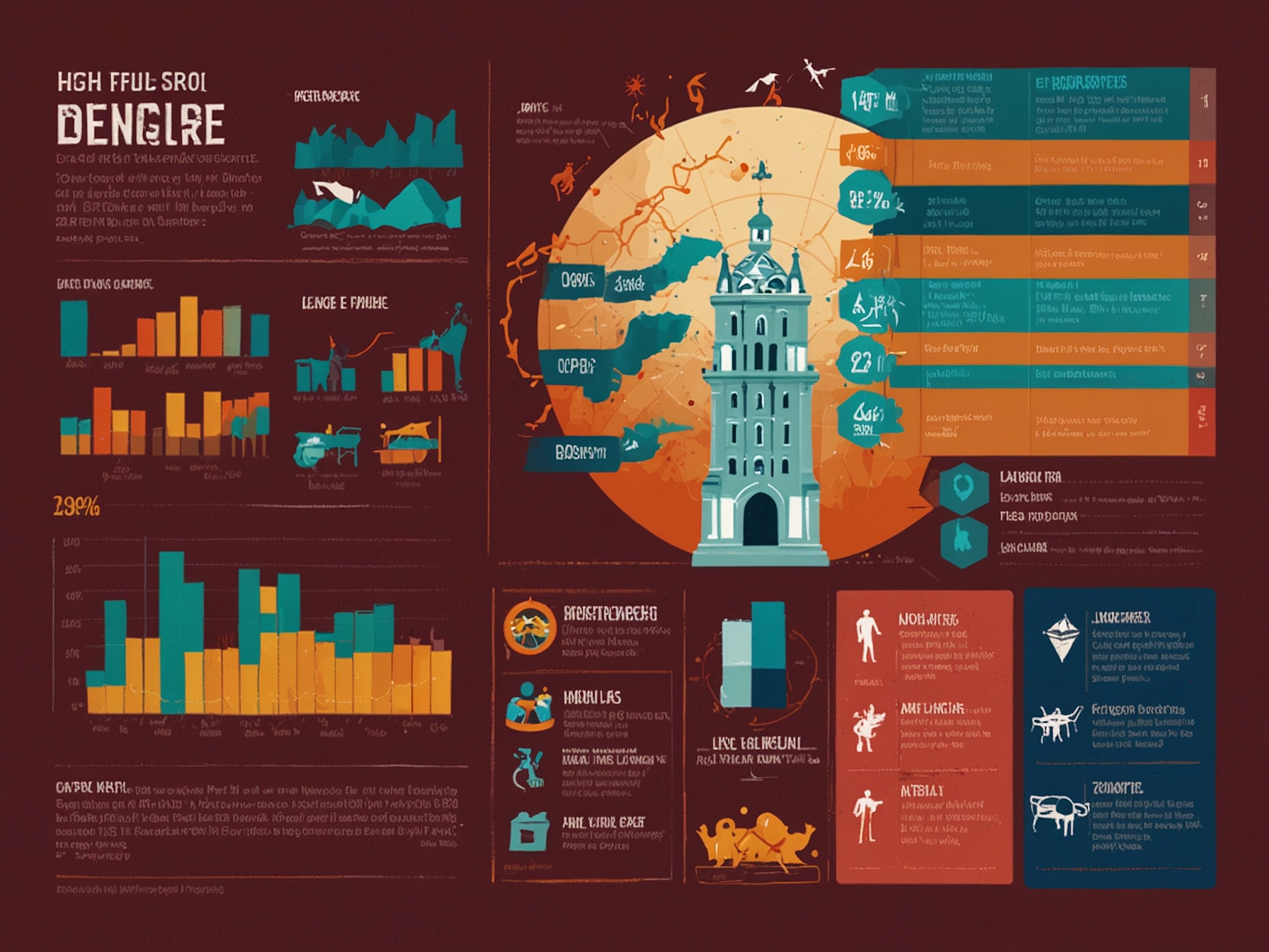 An infographic showing the rise in dengue cases in the Philippines alongside PhilHealth's increased coverage for severe dengue, highlighting financial protection. Bright colors and graphs illustrate the urgency of the health crisis.