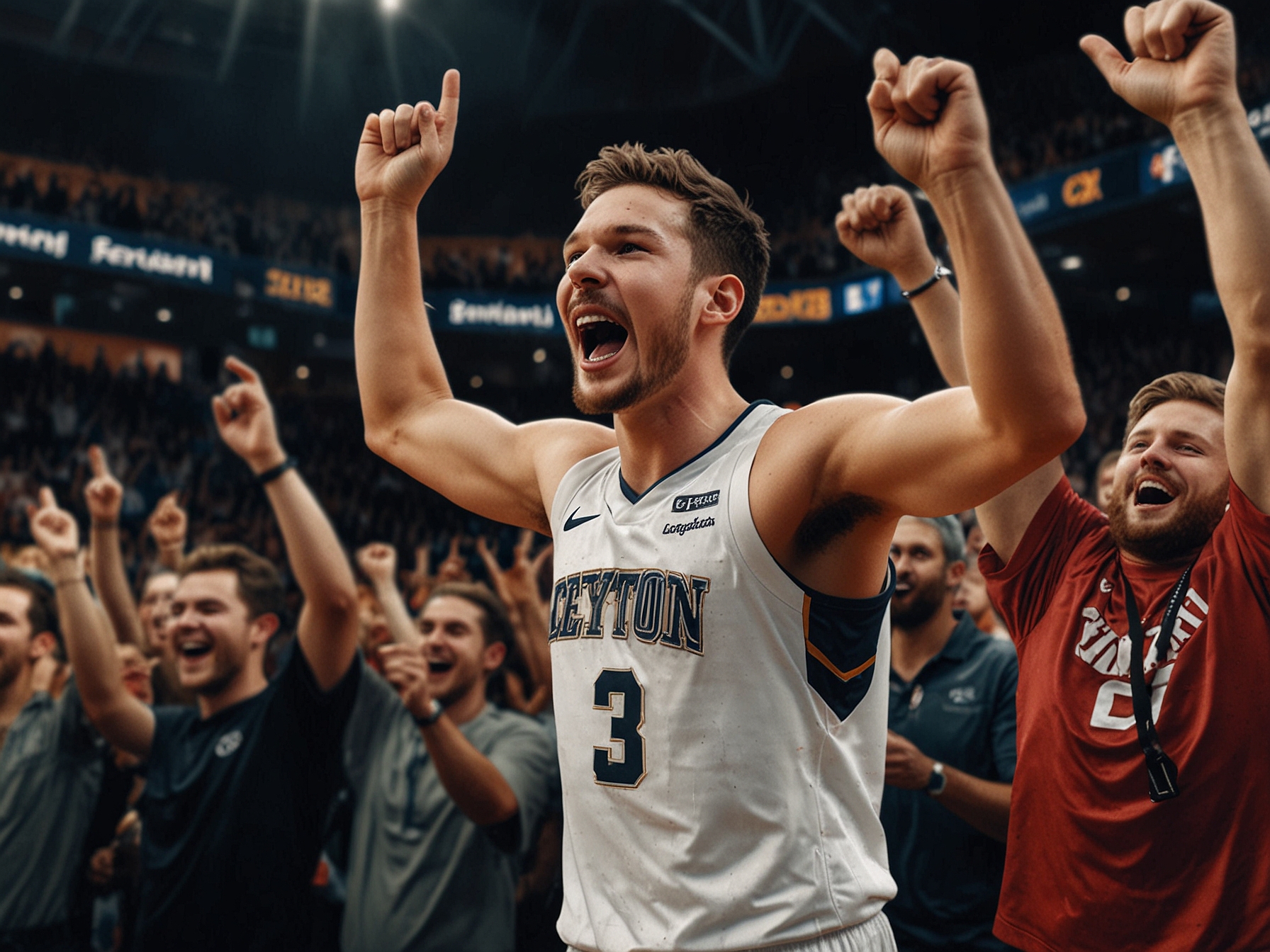 Dalton Knecht celebrating after making a three-pointer, surrounded by cheering fans in Crypto.com Arena, showcasing the electric atmosphere of the game.