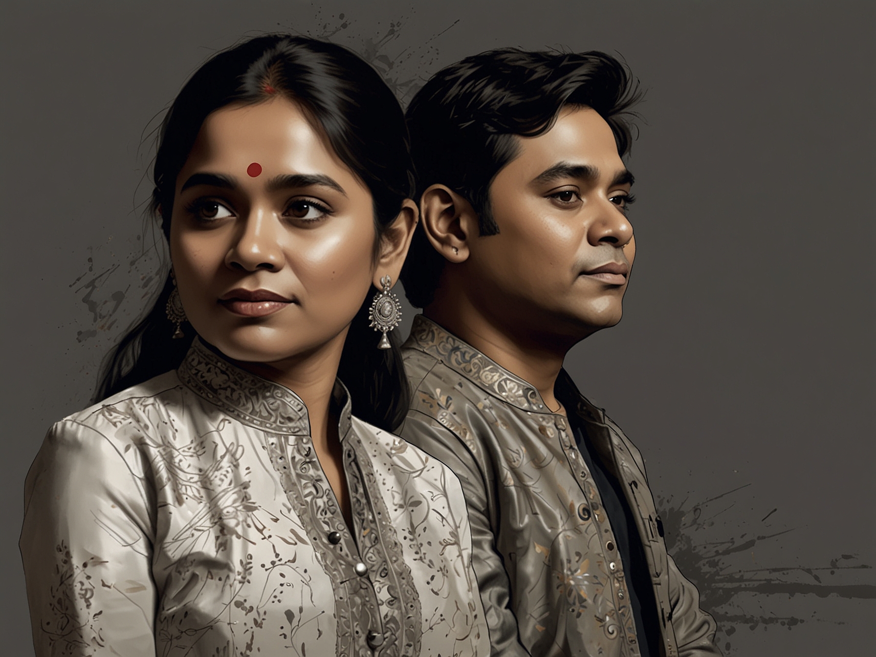 A.R. Rahman and Mohini Dey standing apart, with a somber background representing the emotional weight of their recent separations. Both look reflective, symbolizing their personal journeys while maintaining a connection to music.