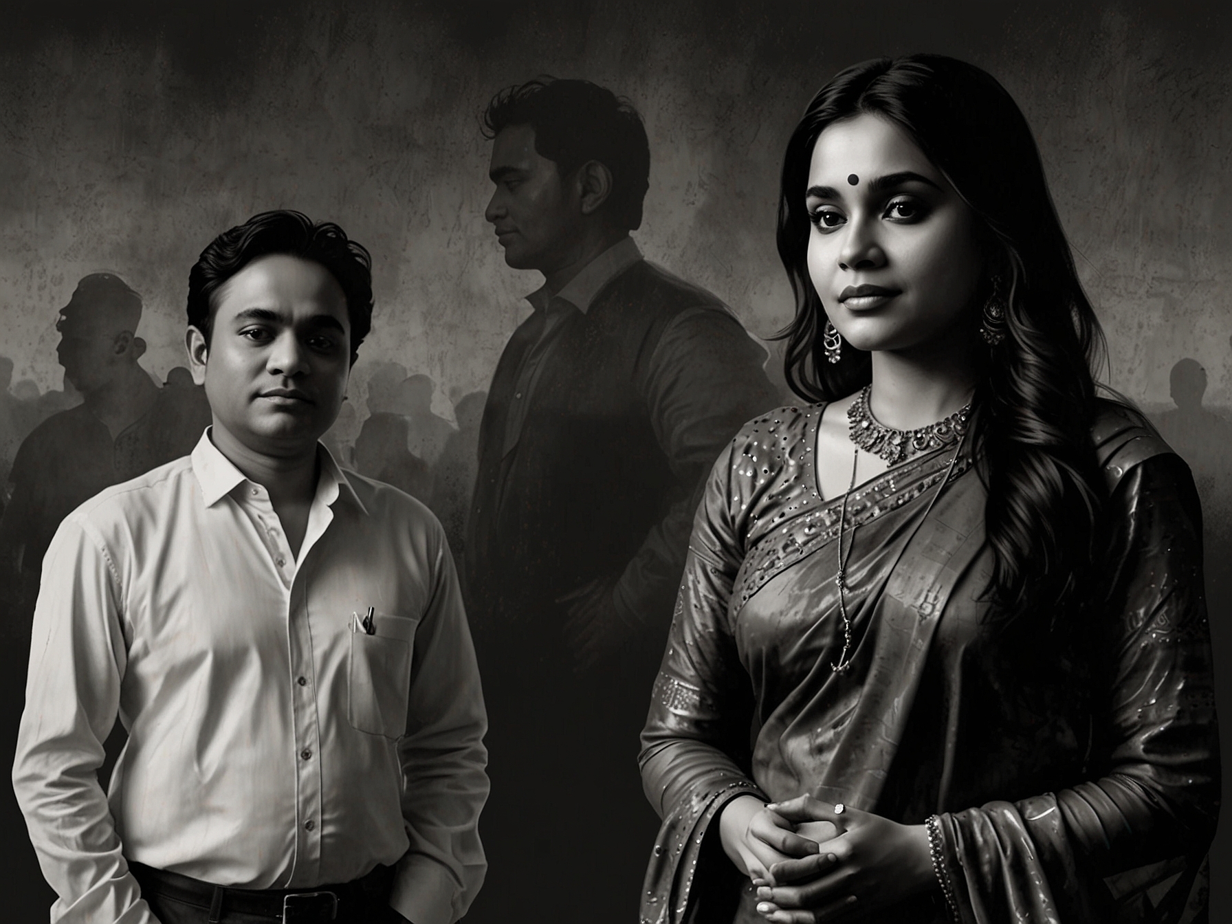 Close-up shot of A.R. Rahman playing the piano, illustrating his emotional expression through music, contrasted with Mohini Dey practicing on her bass guitar, depicting resilience during challenging times.